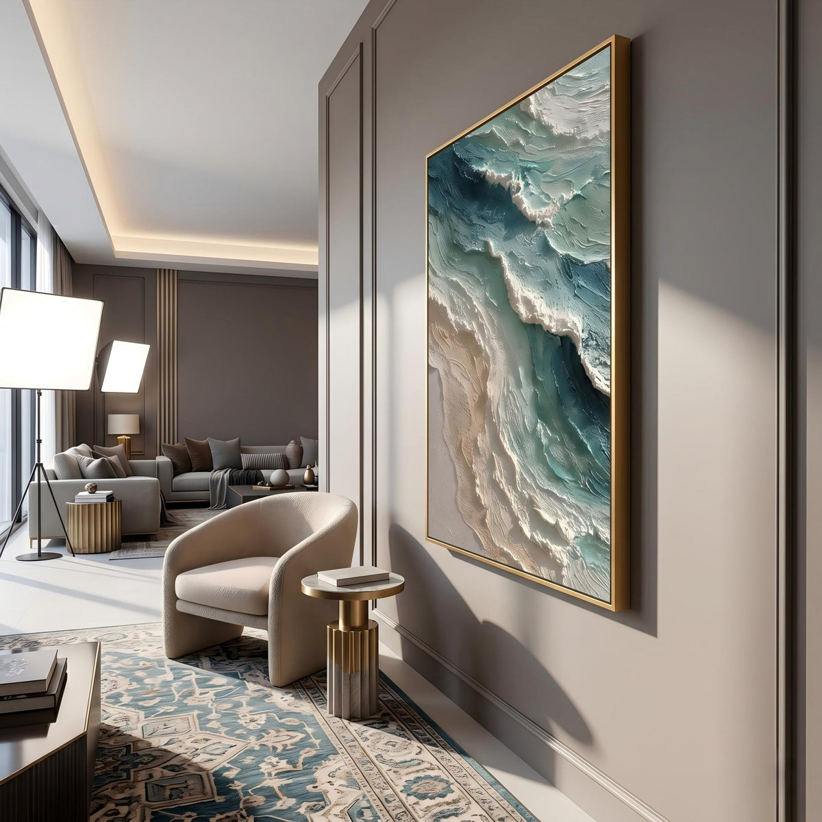 Ocean Crest Meets Sky – Blue Green Coastal Wave Painting | Textured Vertical Wall Art