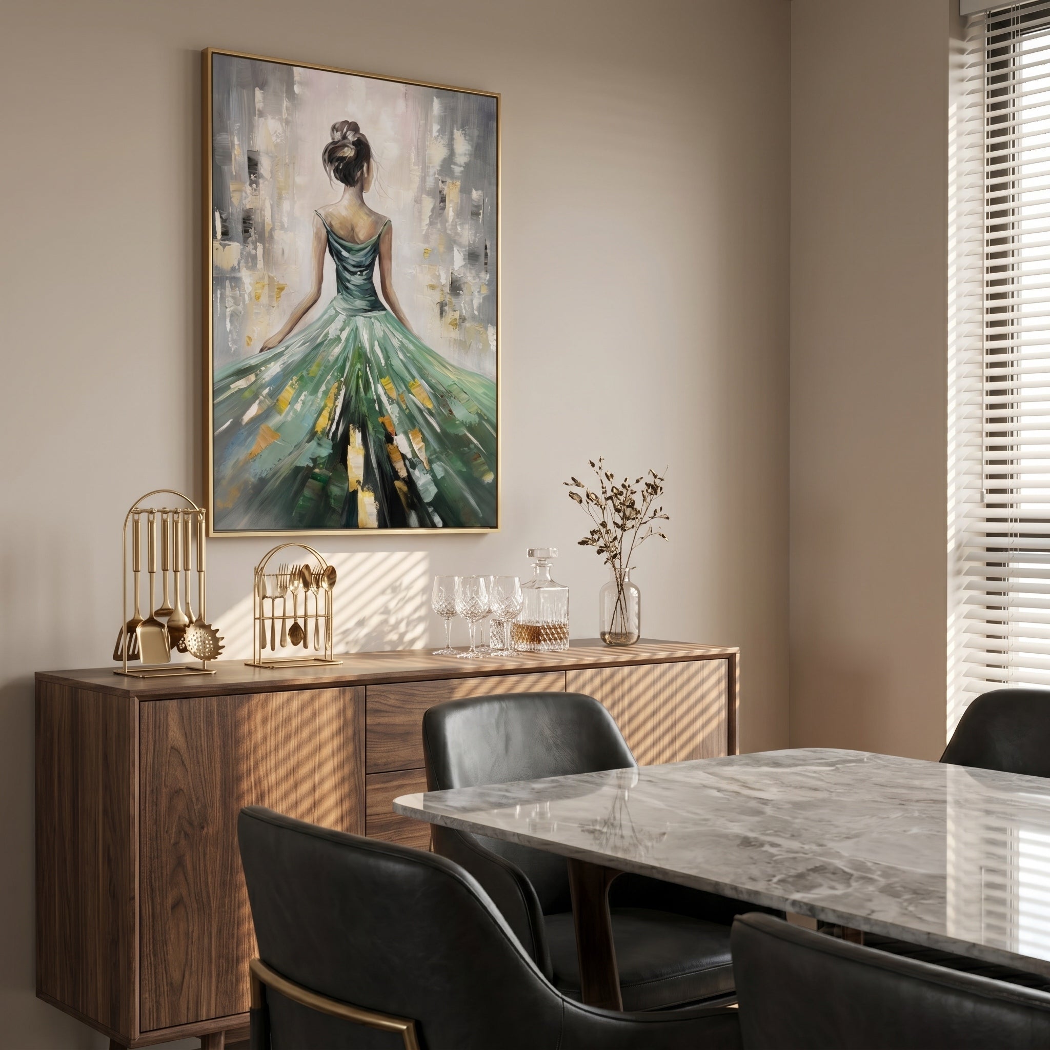 Emerald Radiance – Modern Impressionist Figure Painting | Elegant Woman in Sage Green Gown Bedroom Art