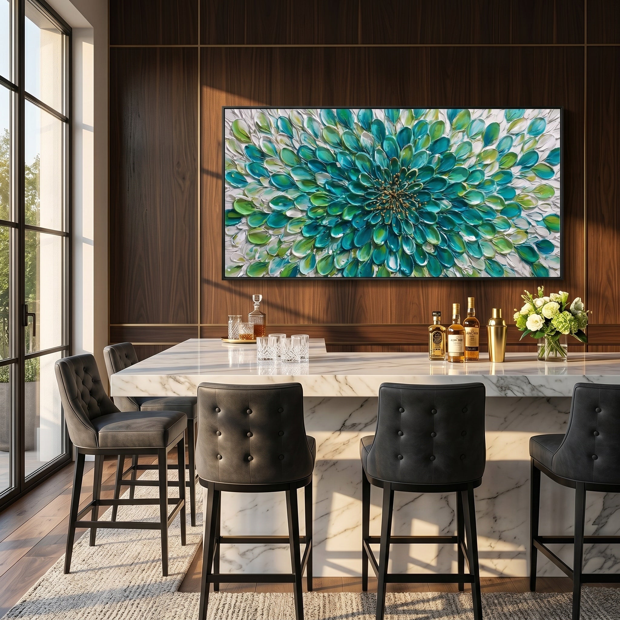 Emerald Rhythm – Modern Impasto Abstract Oil Painting | Textured Floral Panorama Living Room Art