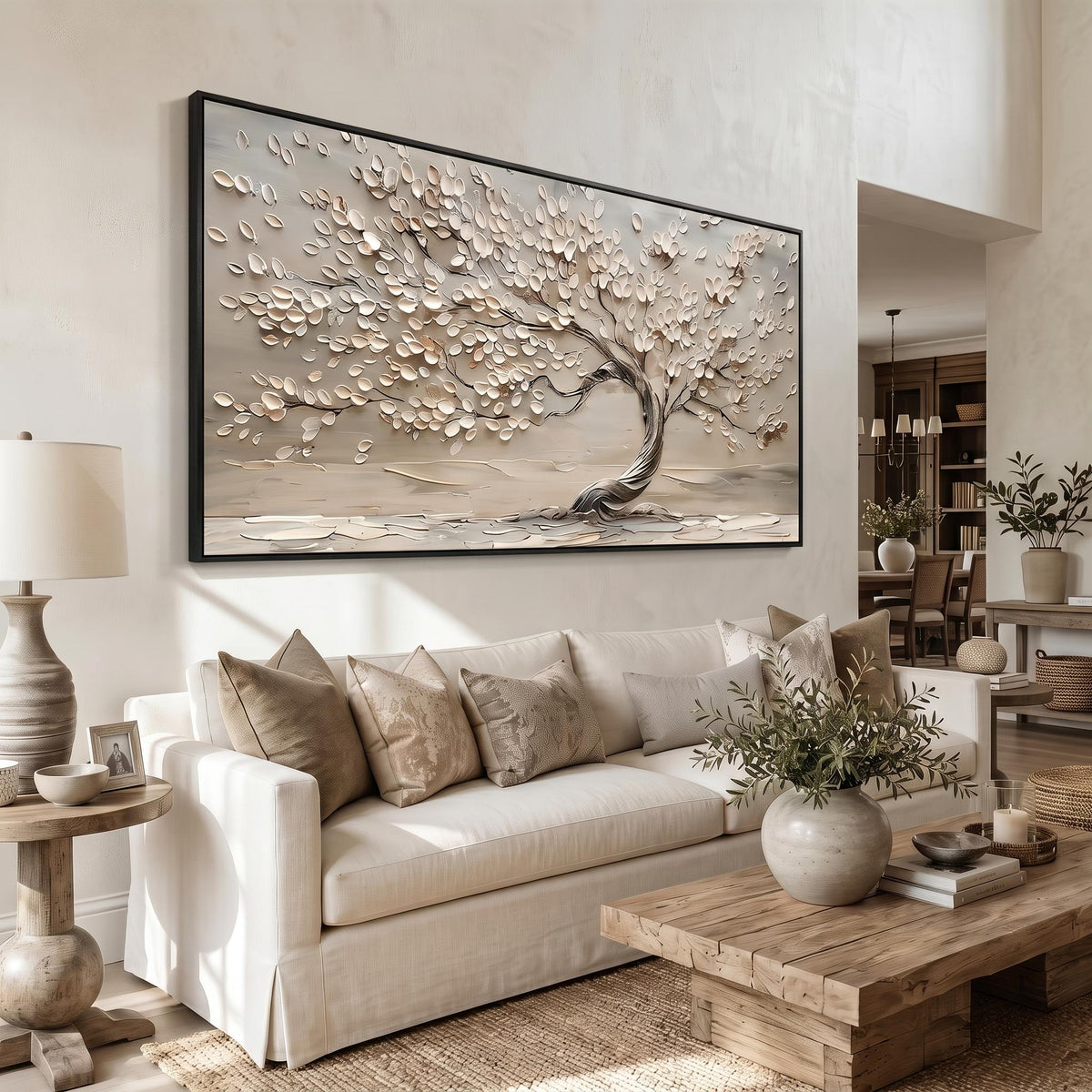 Blossoms Along Silver Branches – White Flower Tree Painting | Textured Horizontal Wall Art