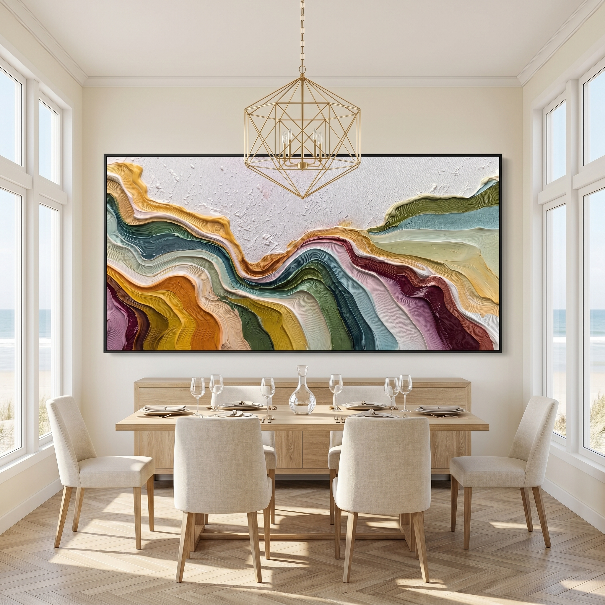 Flowing Rhythms – Heavy Texture Colorful Fluid Abstract Painting | Minimalist Horizontal Entryway Art