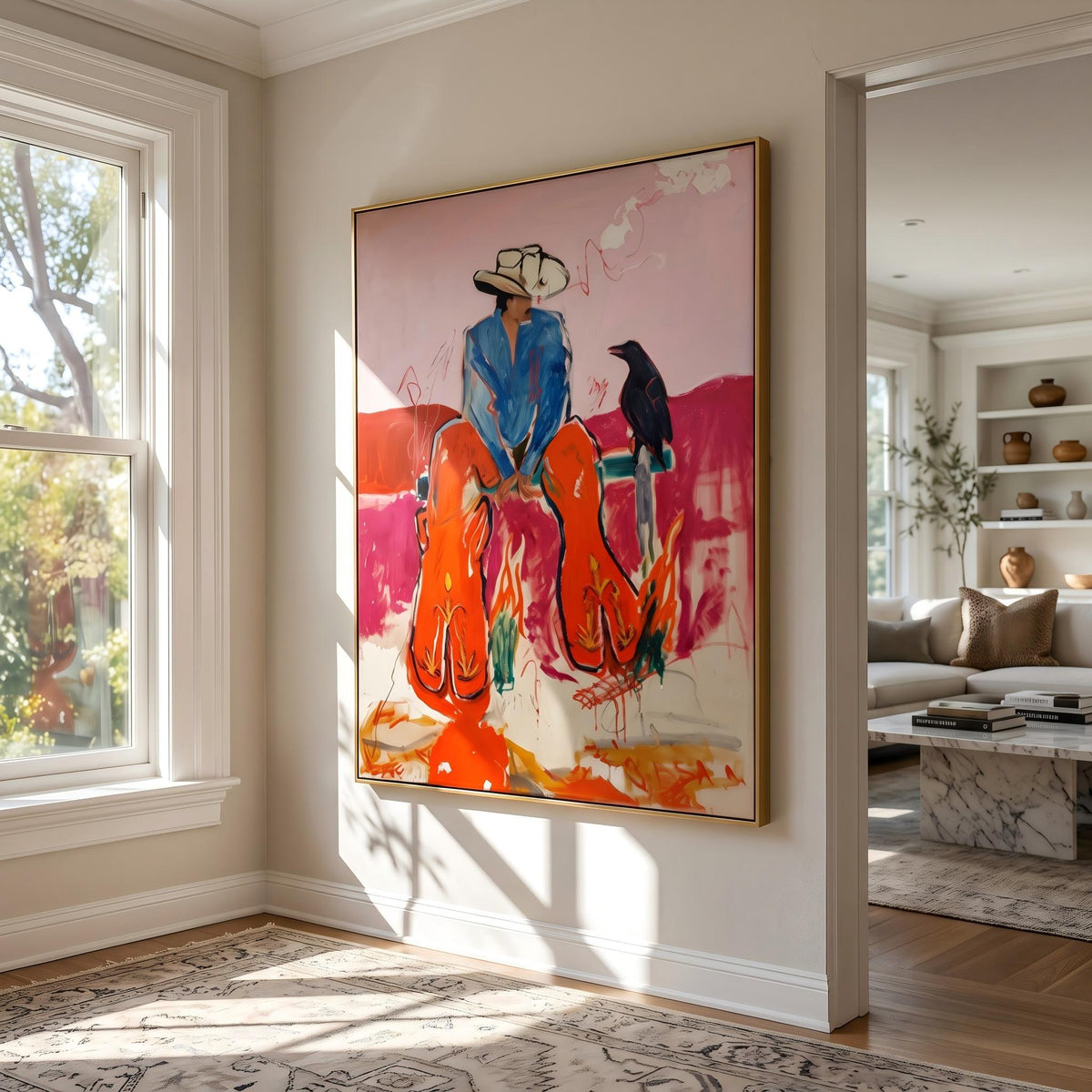 Crow Keeps Cowboys Company – Pop Art Western Figures Painting | Bright Orange Vertical Wall Art