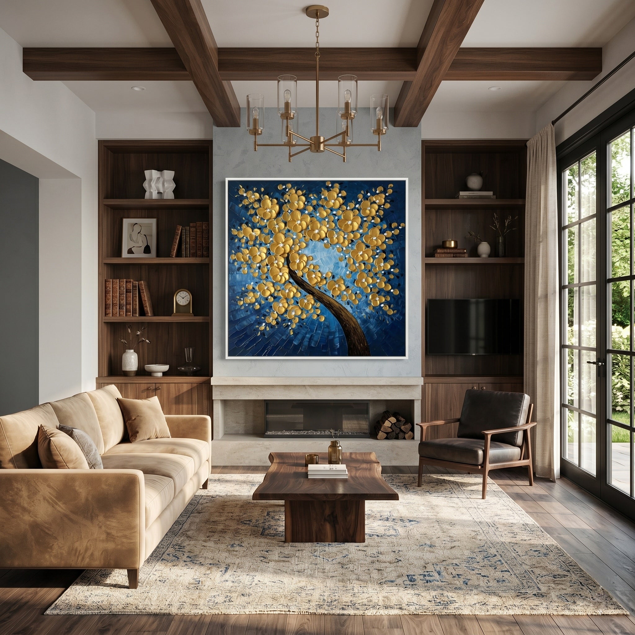 Azure Radiance – Blue & Gold Impasto Floral Tree Oil Painting | Modern Luxury Entryway Square Wall Art