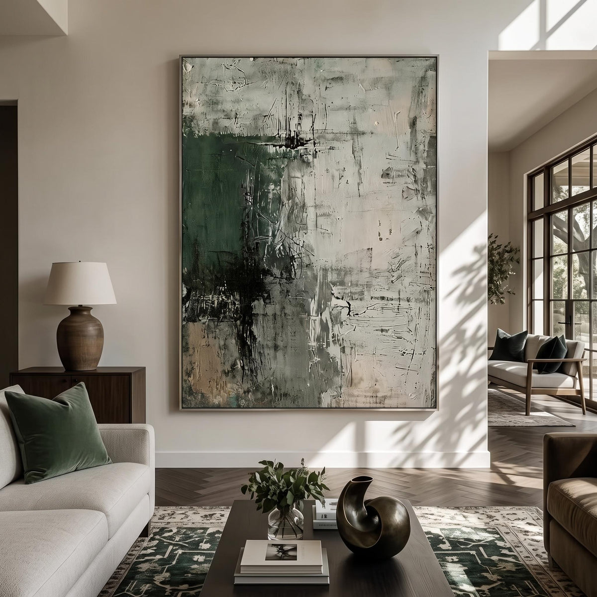 Forest Shadow Imprint – Dark Green Textured Abstract Painting | Contemporary Vertical Wall Art