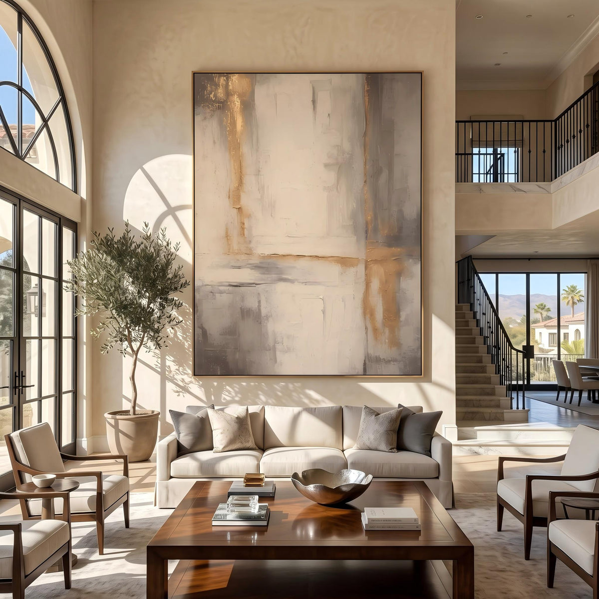 Gilded Lines Through Stone – Neutral Gold Abstract Painting | Contemporary Vertical Wall Art