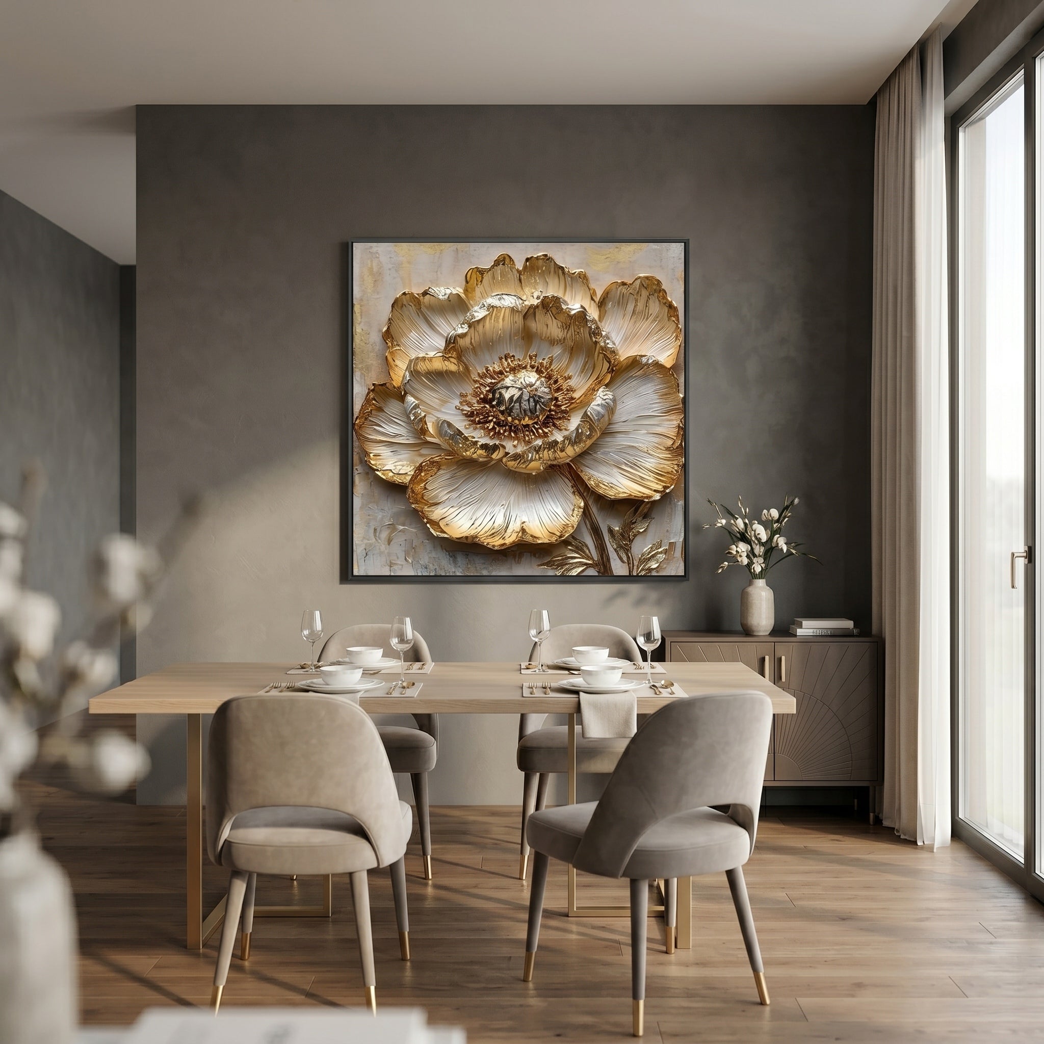 Gilded Bloom – Modern Luxury 3D Relief Oil Painting | Metallic Peony Flower Textured Bedroom Art