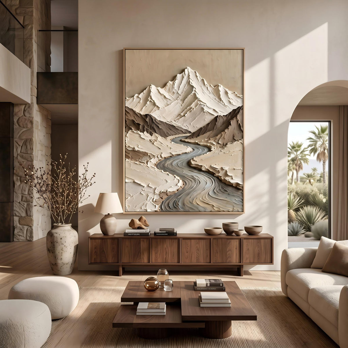 White Peaks Rising – Neutral Textured Mountain Painting | Wabi-Sabi Vertical Wall Art