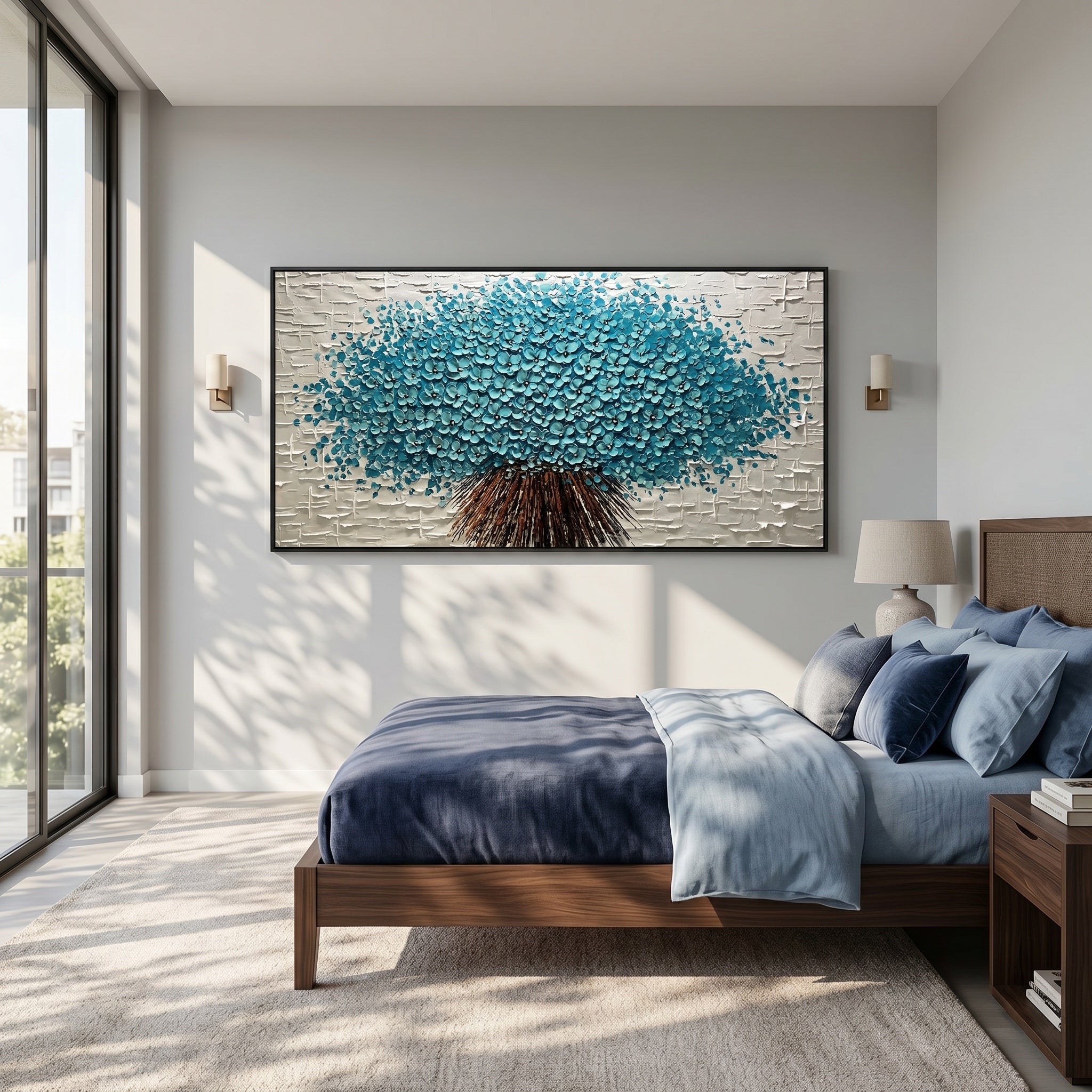 Cerulean Symphony – Modern Heavy Impasto Teal Bouquet | Sophisticated Horizontal Living Room Art