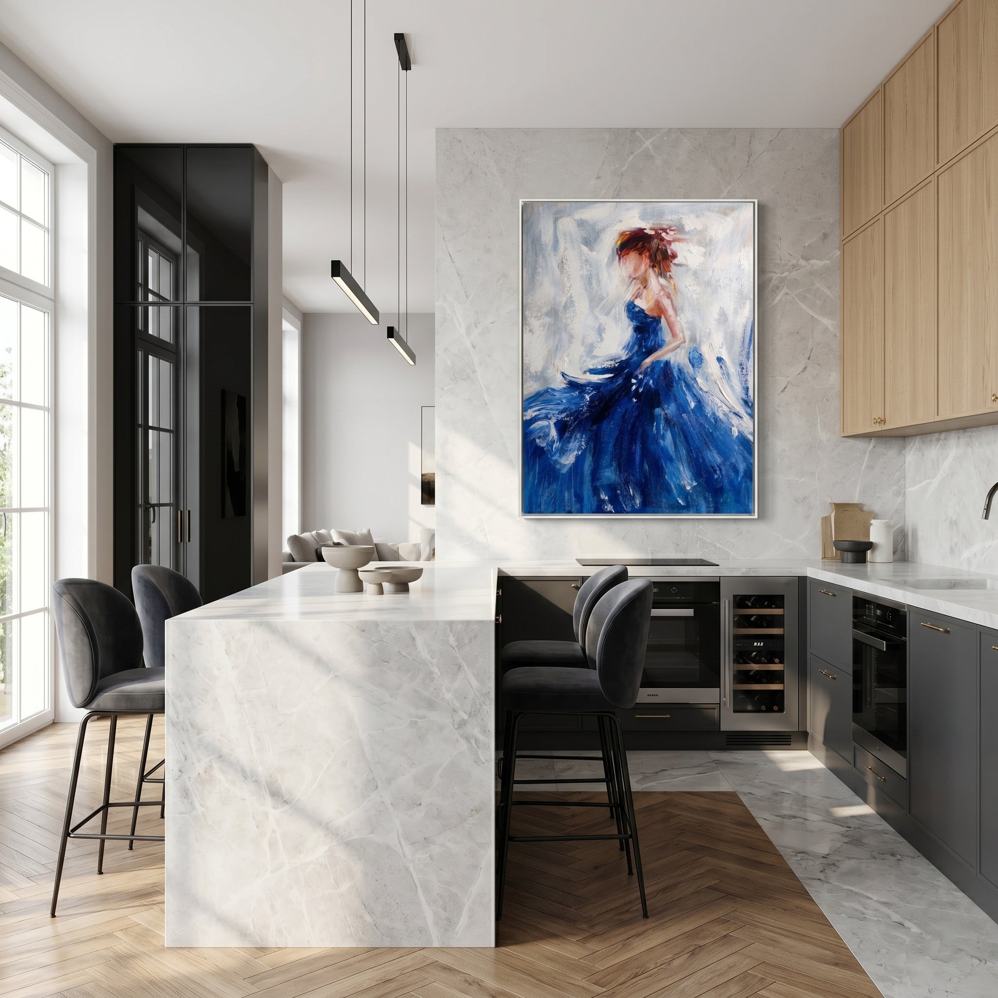 Azure Silhouette – Modern Impressionist Figure Oil Painting | Elegant Woman in Blue Gown Bedroom Art