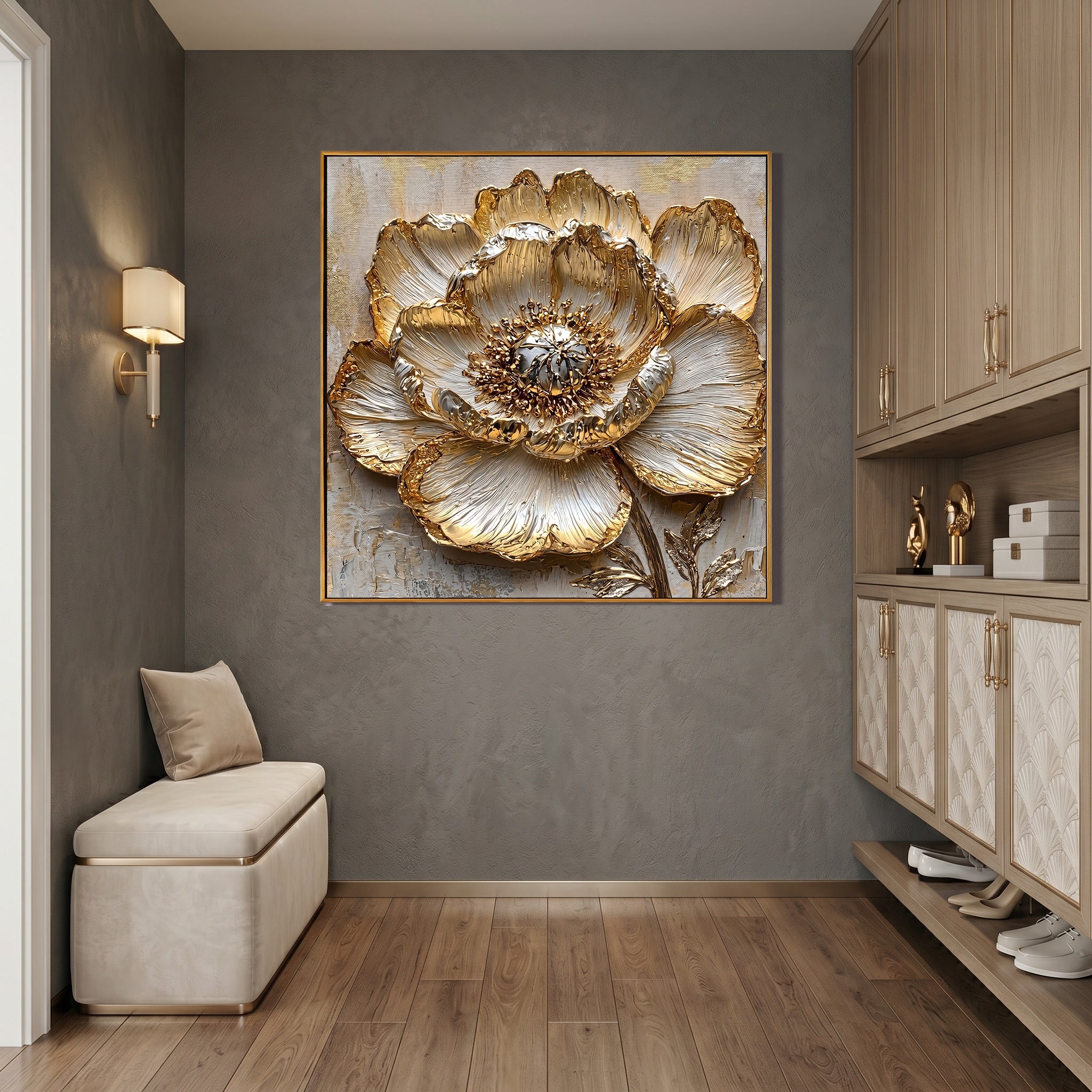 Gilded Bloom – Modern Luxury 3D Relief Oil Painting | Metallic Peony Flower Textured Bedroom Art