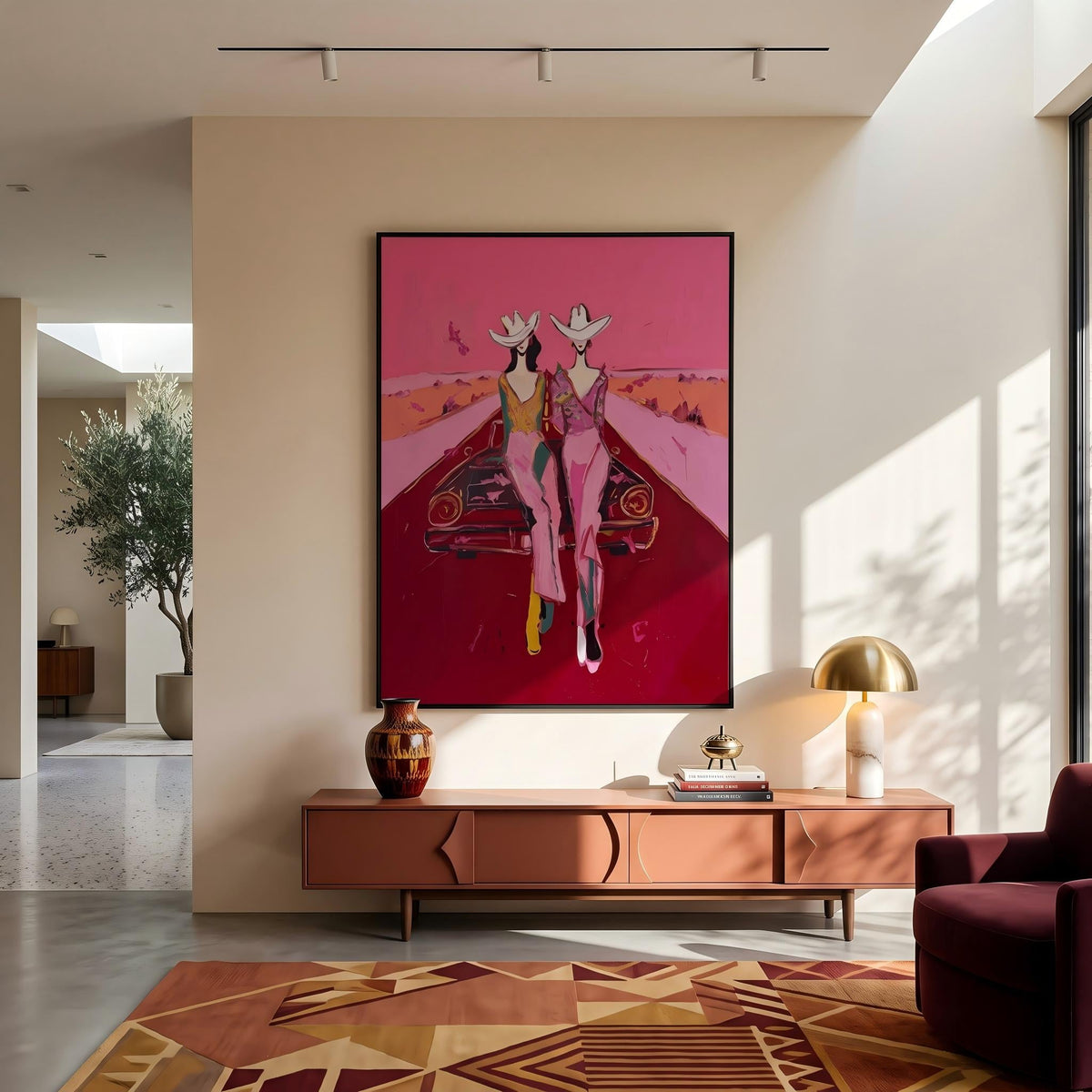 Cowgirls Meet the Horizon – Pop Art Western Friends Painting | Bold Pink Vertical Wall Art