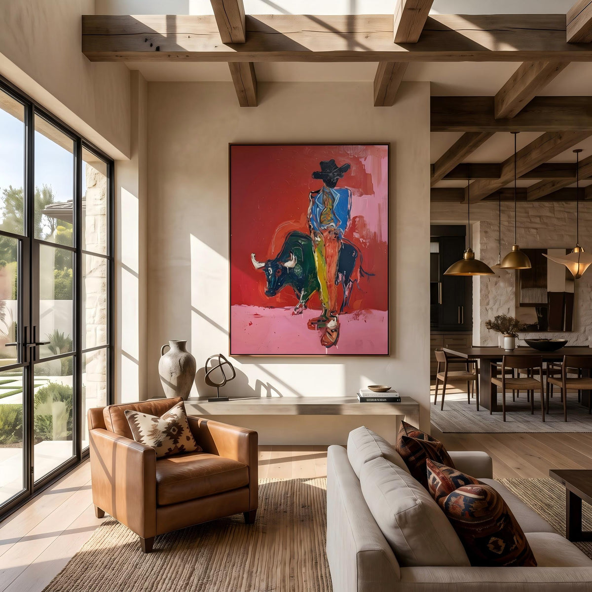 Blue Rider Meets Bull – Pop Art Bull Rider Painting | Bold Pink Vertical Wall Art