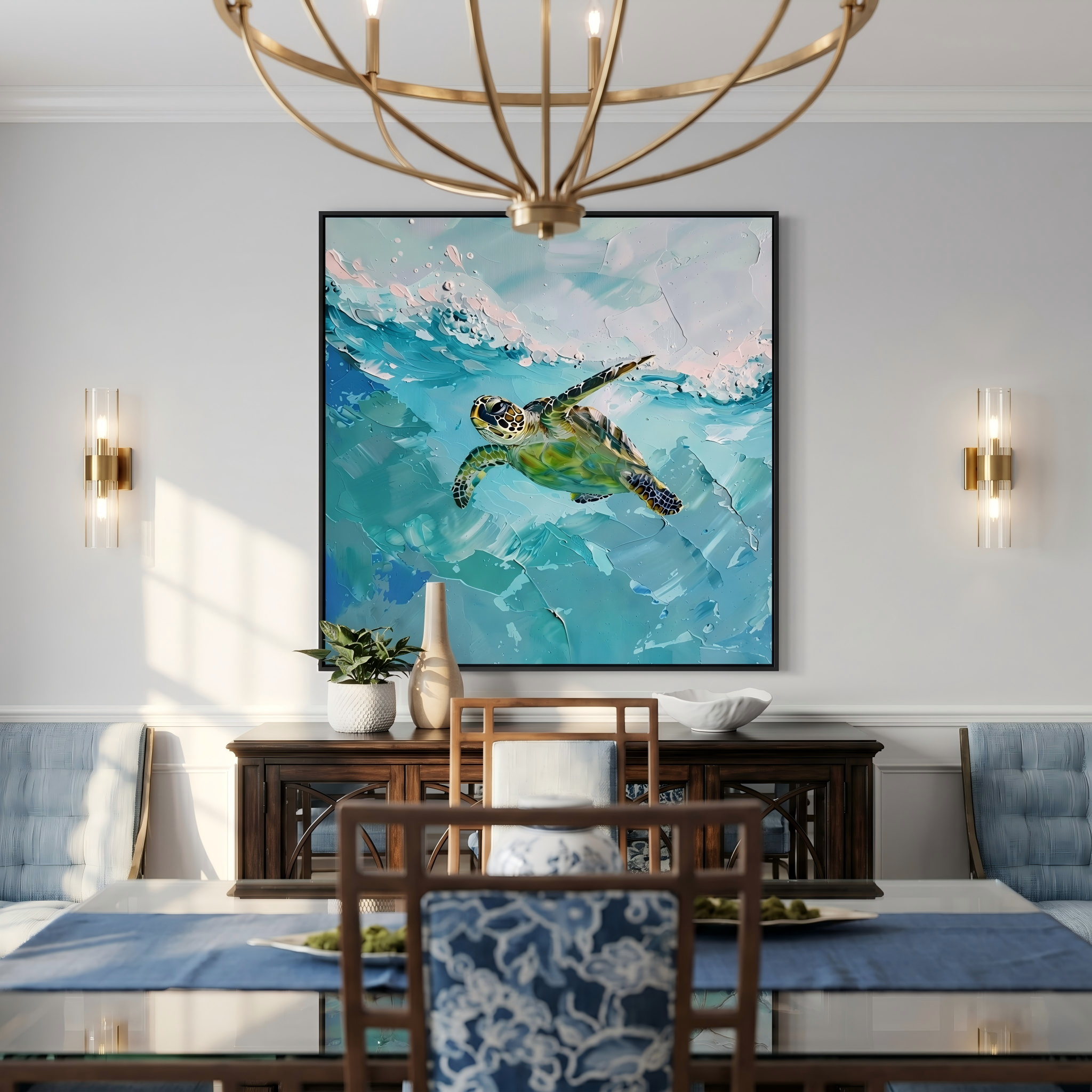 Azure Voyager – Modern 3D Heavy Impasto Sea Turtle Oil Painting | Ocean Themed Textured Hallway Decor