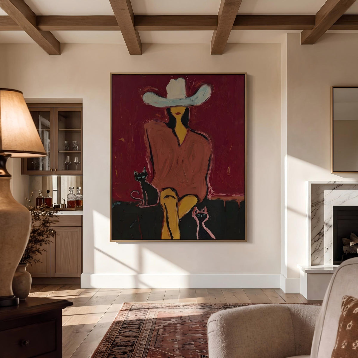 White Hat With Companions – Pop Art Cowboy and Pets Painting | Bold Red Vertical Wall Art