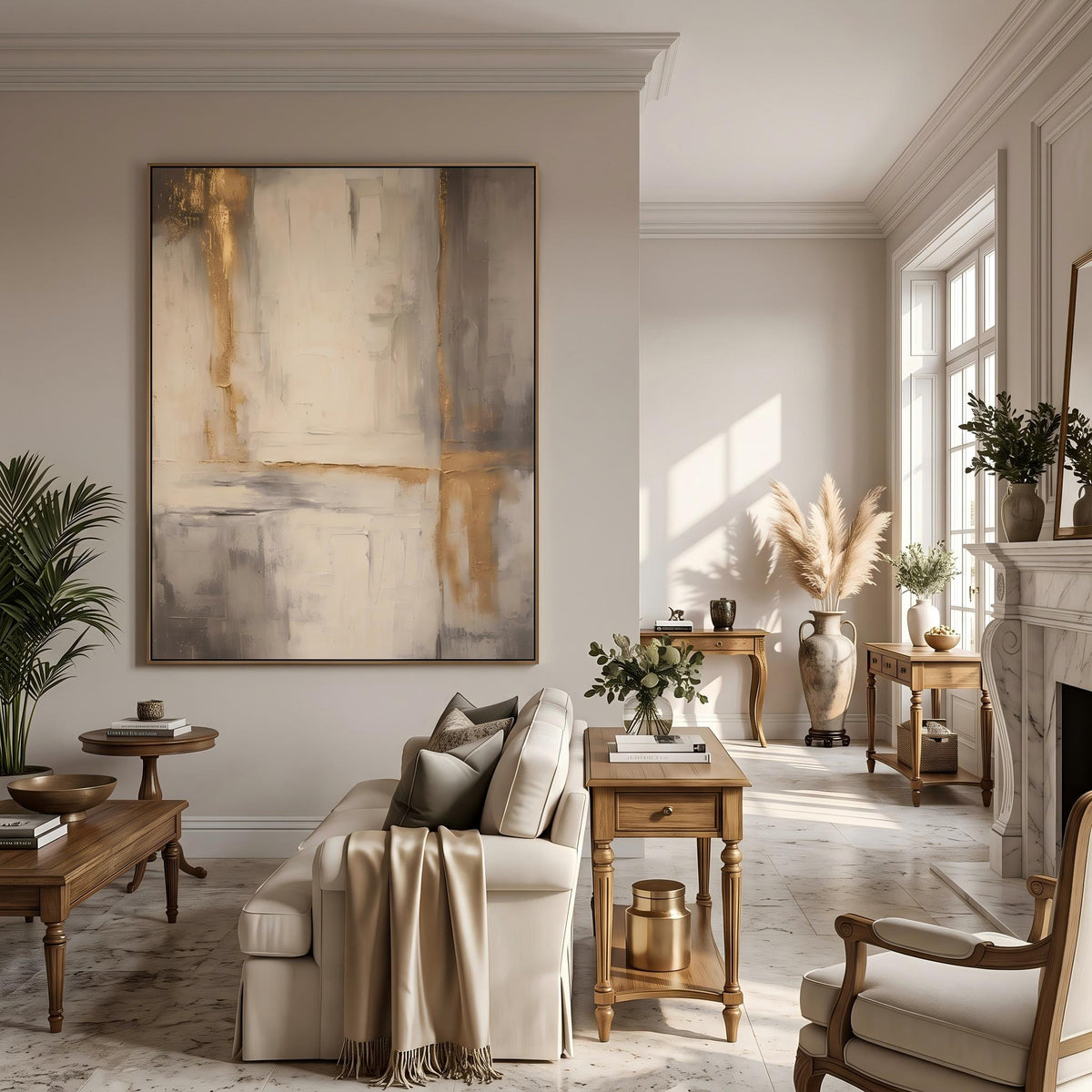 Gilded Lines Through Stone – Neutral Gold Abstract Painting | Contemporary Vertical Wall Art
