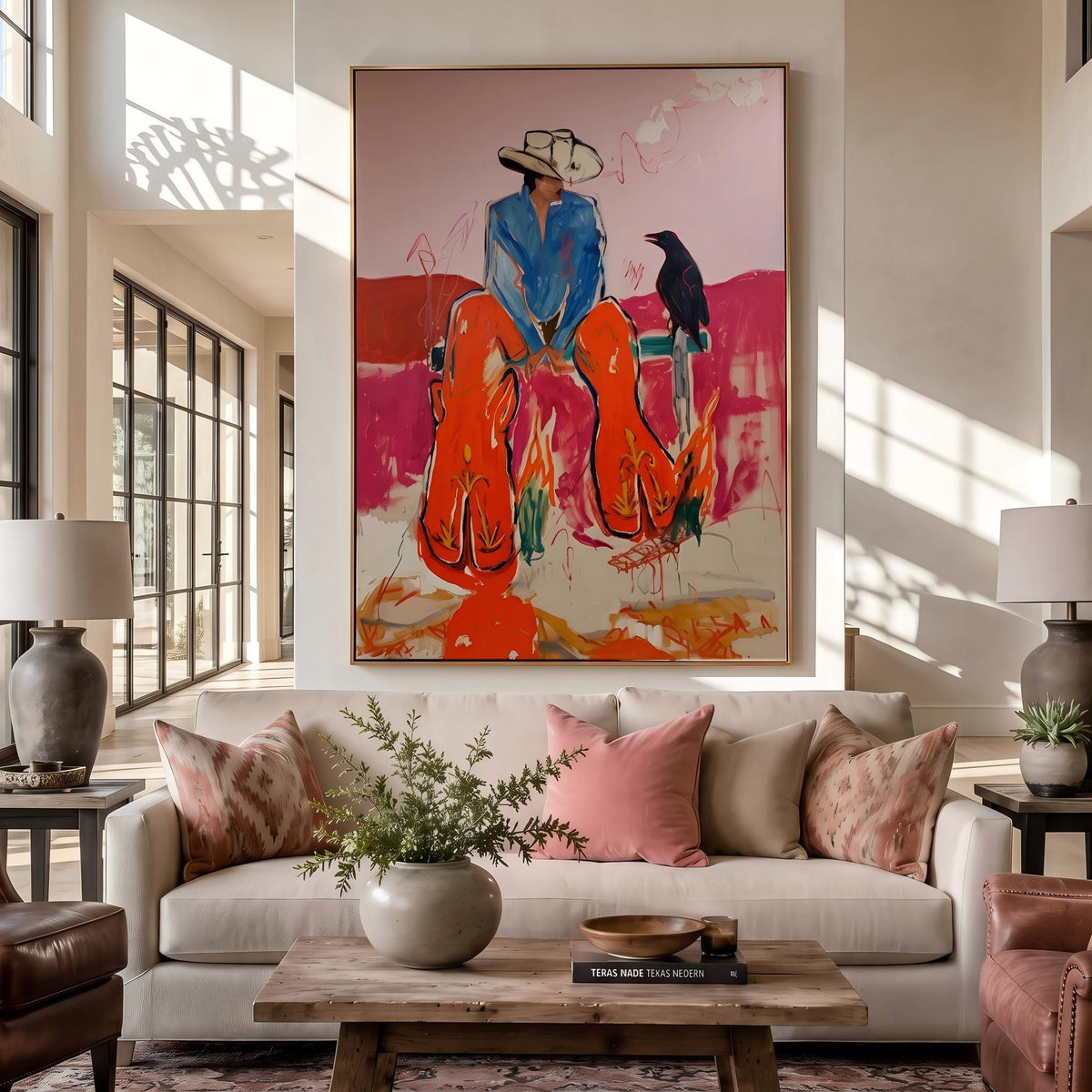 Crow Keeps Cowboys Company – Pop Art Western Figures Painting | Bright Orange Vertical Wall Art