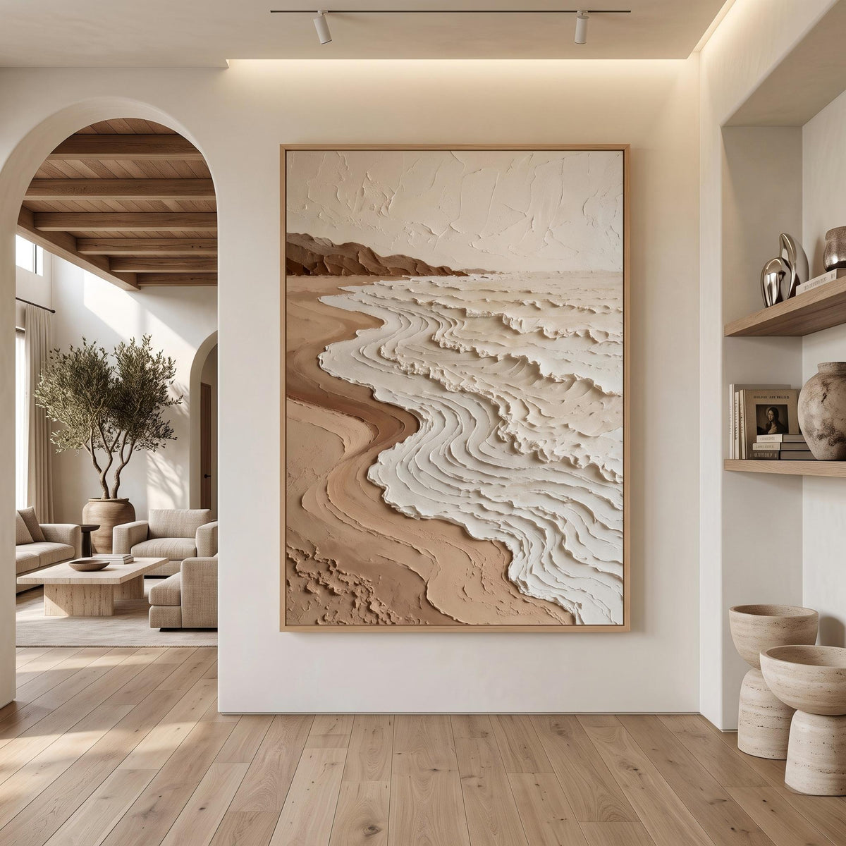 Shorelines Etched in Cream – Neutral Contour Abstract Painting | Textured Vertical Wall Art