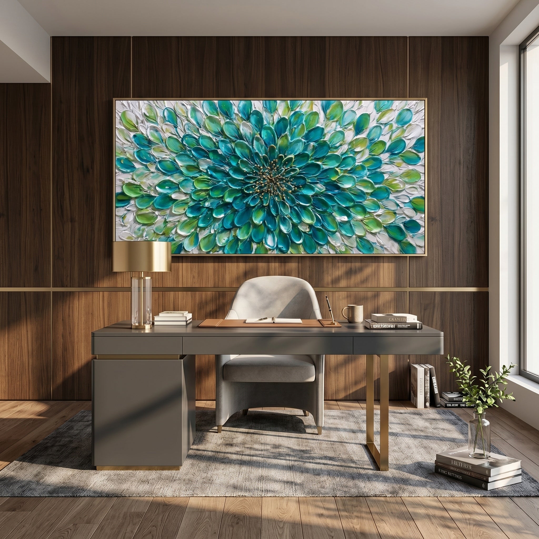 Emerald Rhythm – Modern Impasto Abstract Oil Painting | Textured Floral Panorama Living Room Art