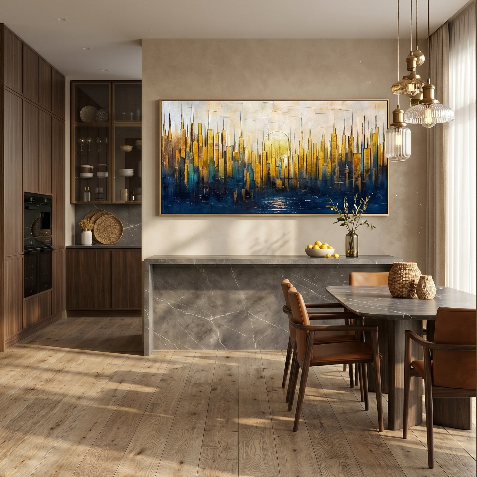 Golden Metropolis – Modern Abstract Gold and Blue Impasto Cityscape | Luxury Living Room Wall Art