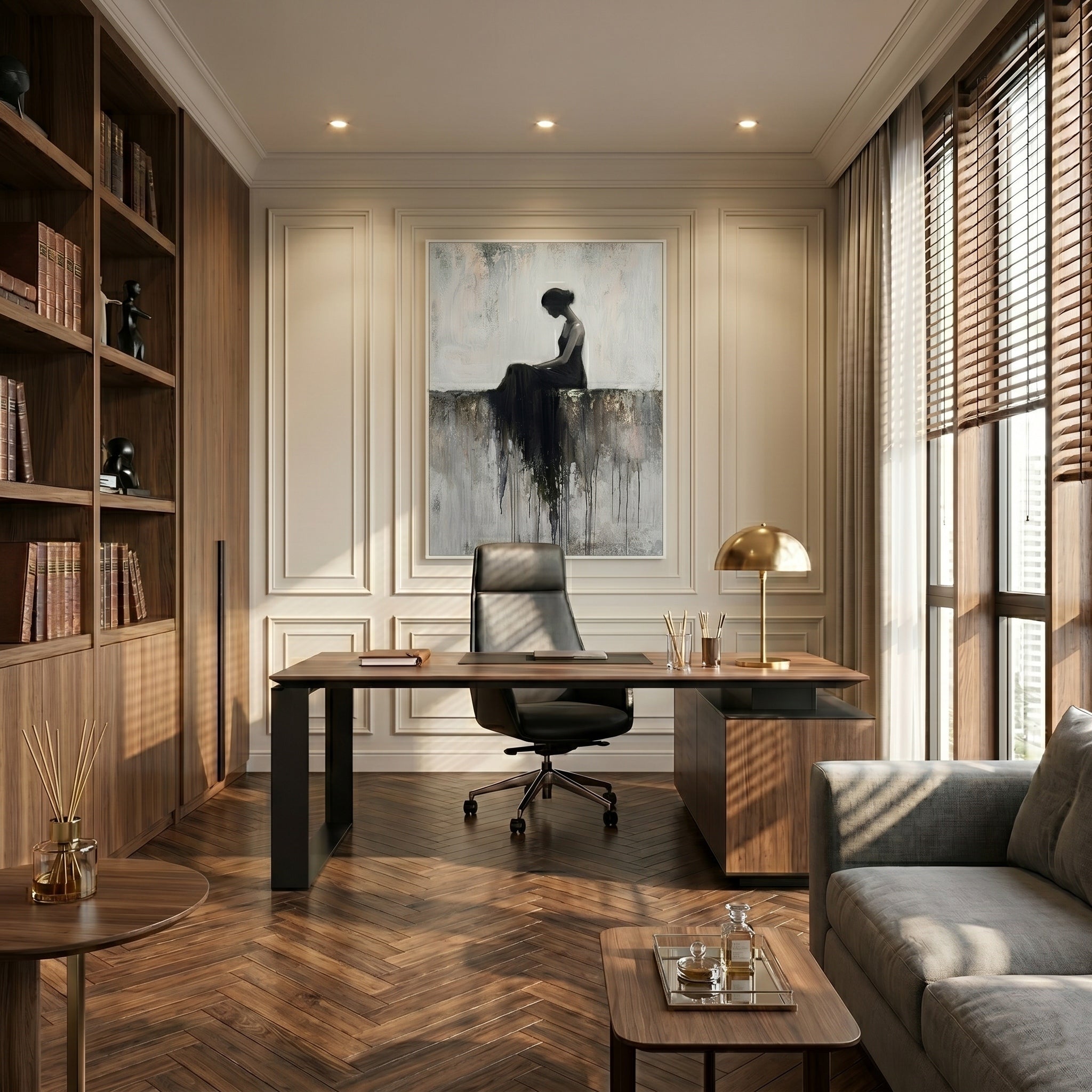Soul's Sanctuary – Modern Figurative Impasto Black Dress Painting | Minimalist Bedroom Wall Art