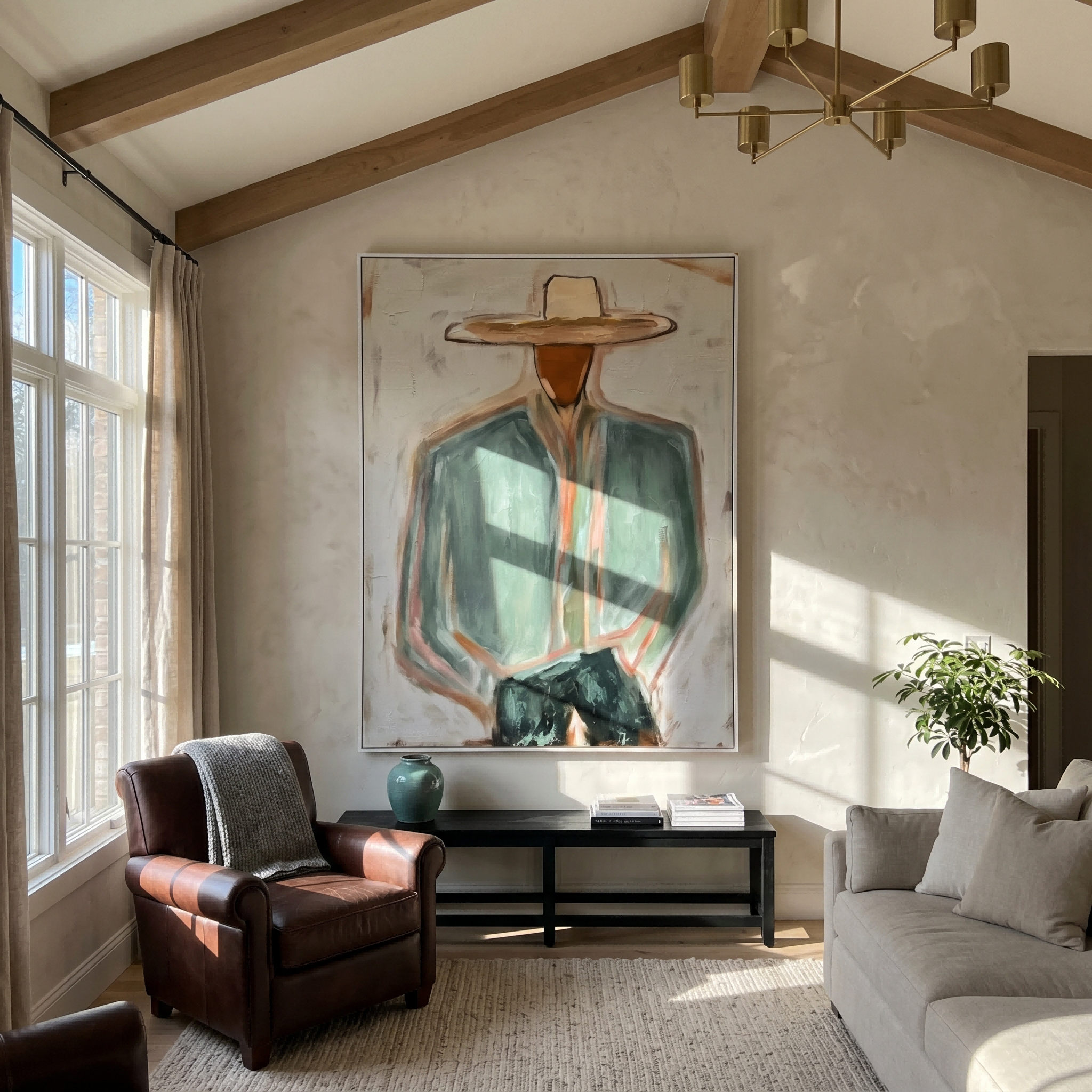 The Wanderer's Soul - Modern Sage Green Cowboy Figurative Painting | Mid-Century Abstract Entryway Art