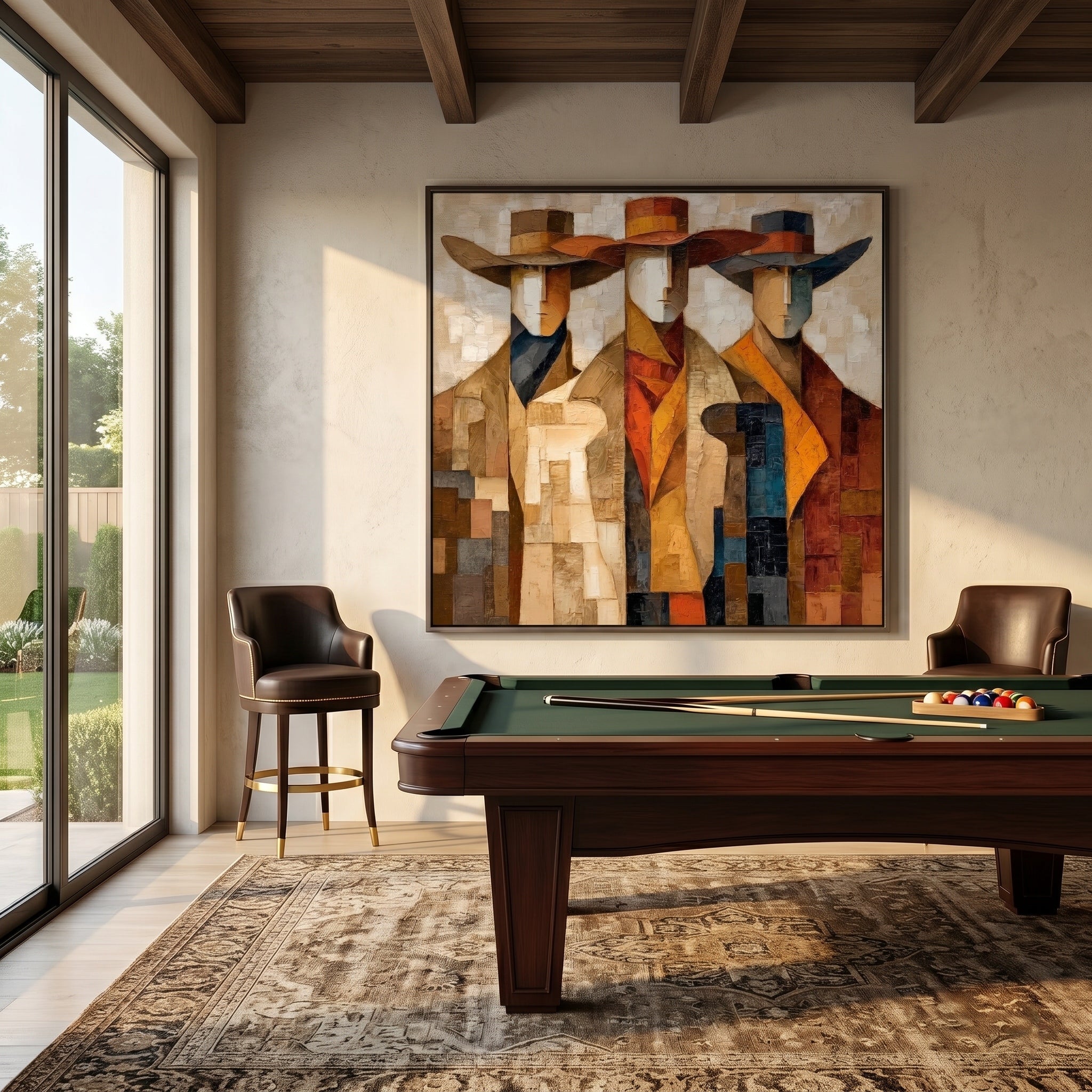 Echoes of the Wild – Modern Cubist Western Figures Oil Painting | Retro Earth Tone Geometric Office Decor