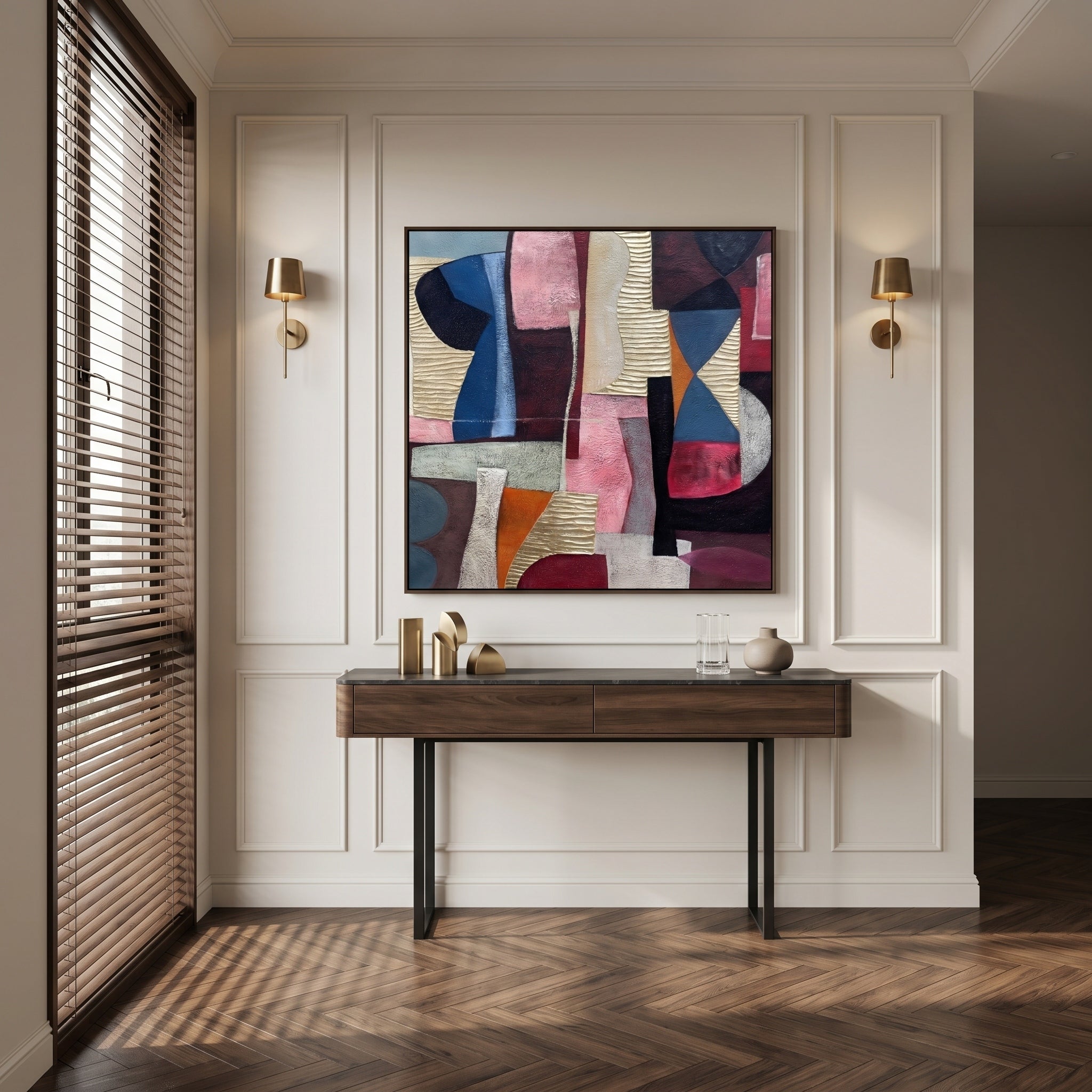 Tactile Geometry – Mid-Century Retro Geometric Plaster Textured Canvas | Modern Vintage Living Room Wall Art