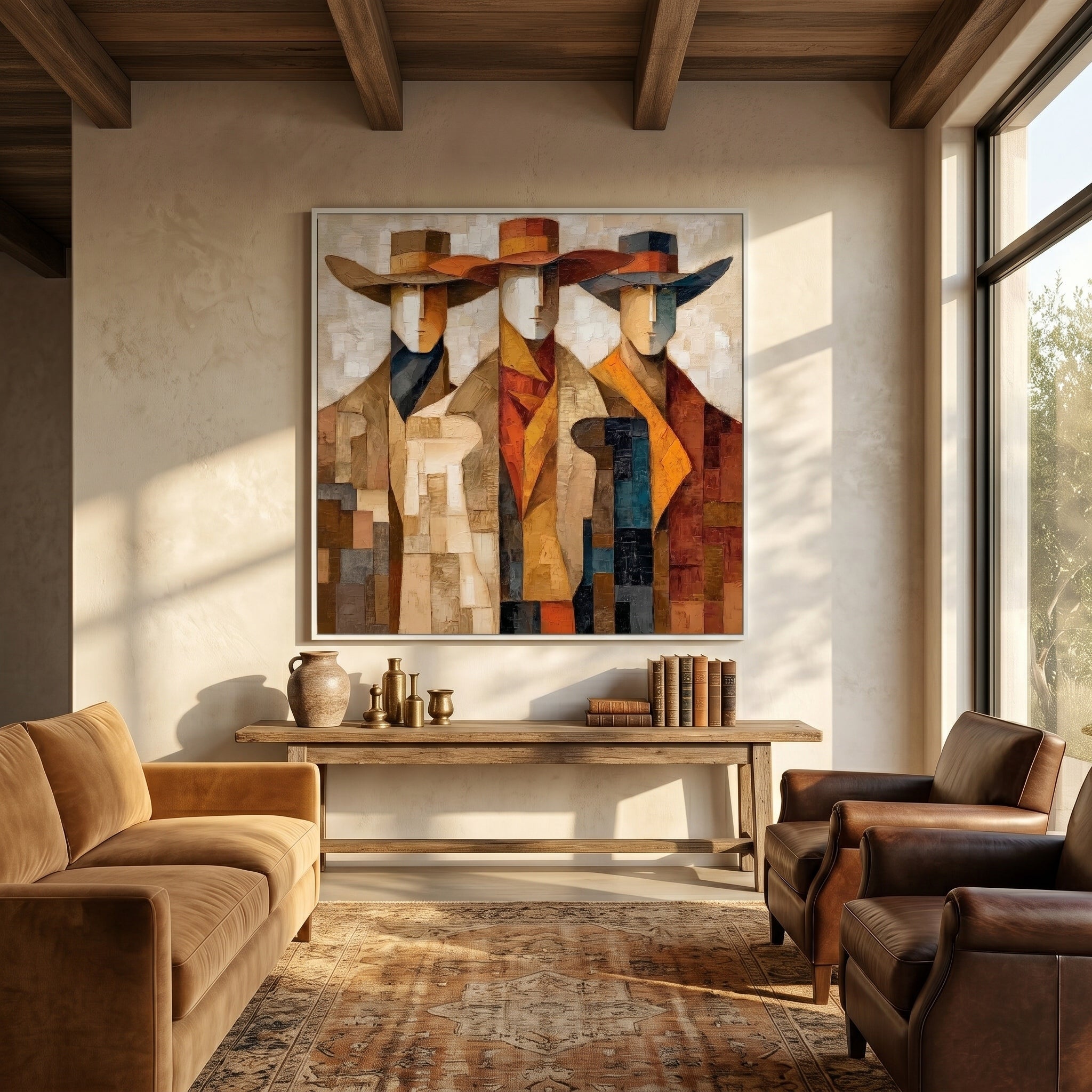 Echoes of the Wild – Modern Cubist Western Figures Oil Painting | Retro Earth Tone Geometric Office Decor