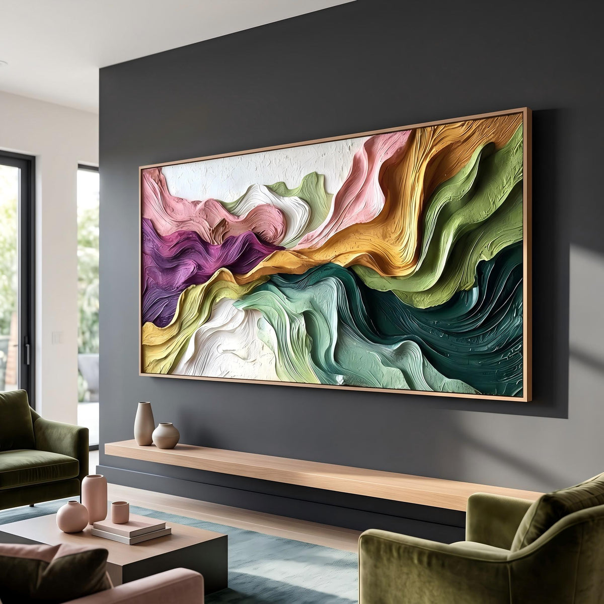 Prismatic Valley Current – Multicolor Flowing Abstract Painting | Contemporary Horizontal Wall Art