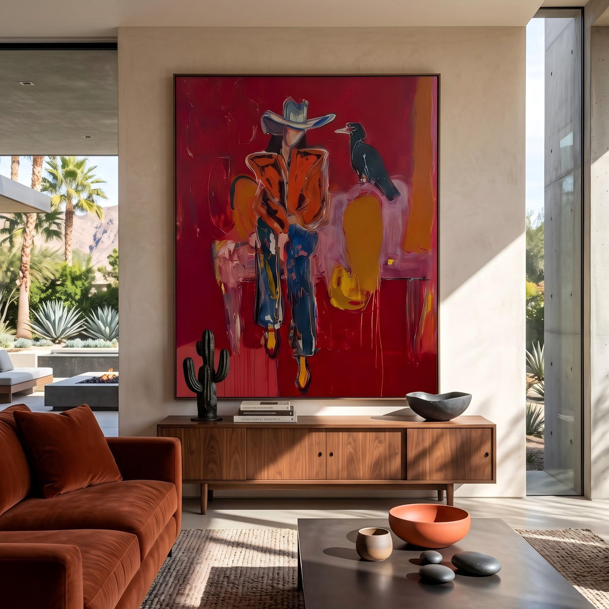 Crow Watches Scarlet Riders – Pop Art Western Figures Painting | Bold Red Vertical Wall Art