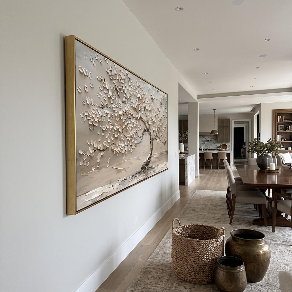 Blossoms Along Silver Branches – White Flower Tree Painting | Textured Horizontal Wall Art