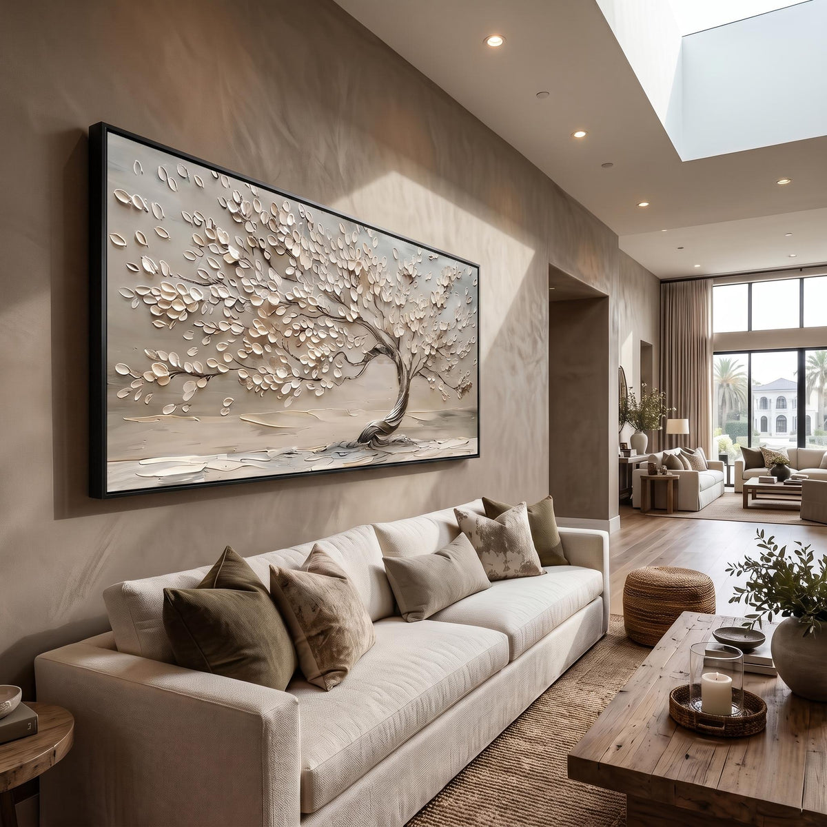Blossoms Along Silver Branches – White Flower Tree Painting | Textured Horizontal Wall Art