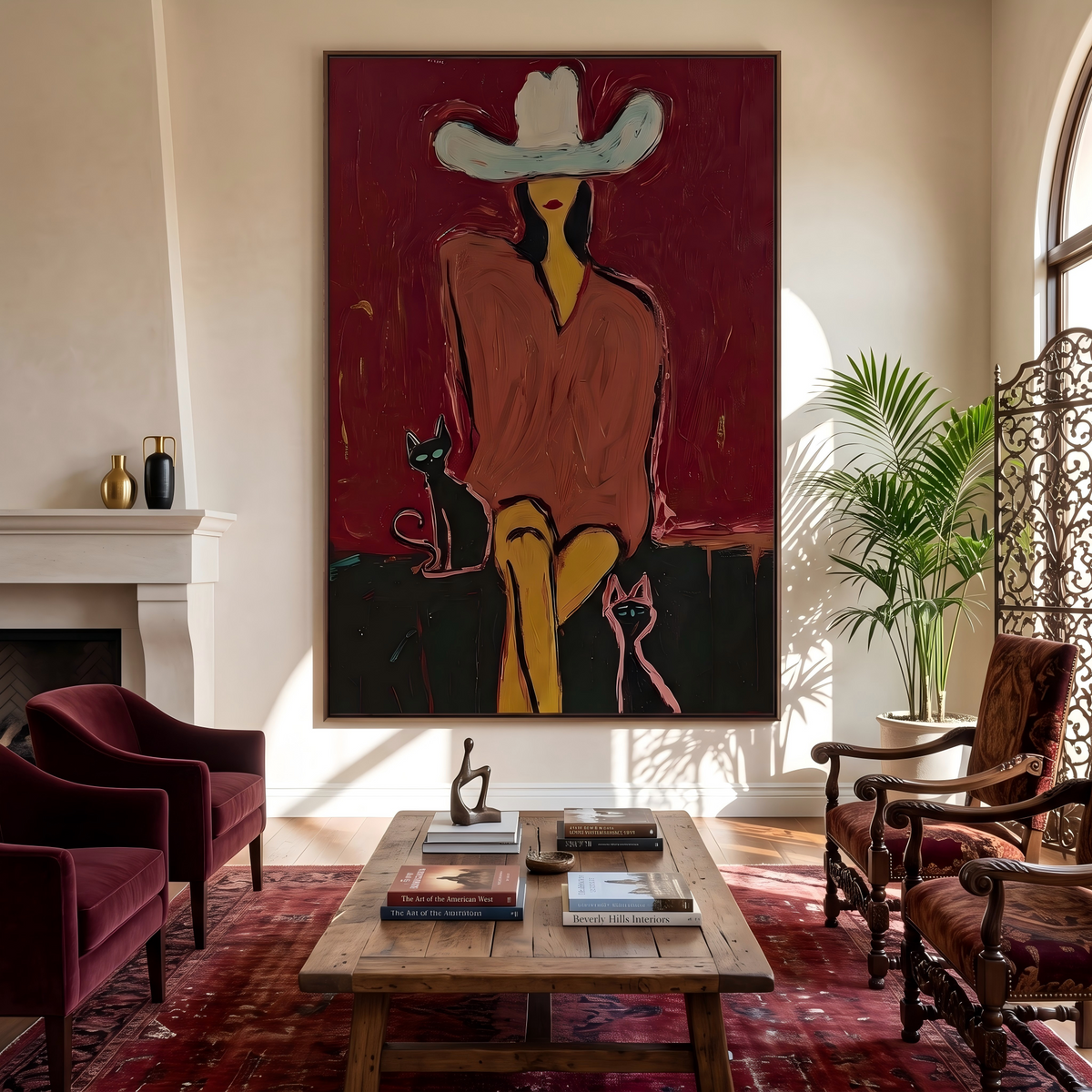 White Hat With Companions – Pop Art Cowboy and Pets Painting | Bold Red Vertical Wall Art