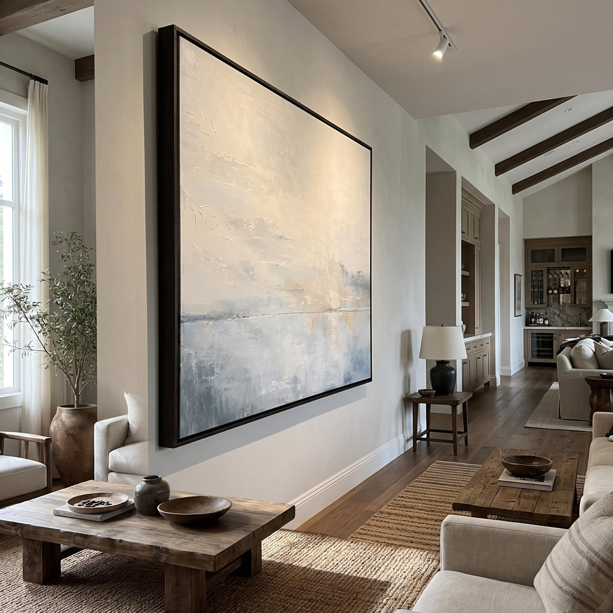 Horizon Fades to Pearl – Hazy Neutral Seascape Painting | Minimalist Square Wall Art