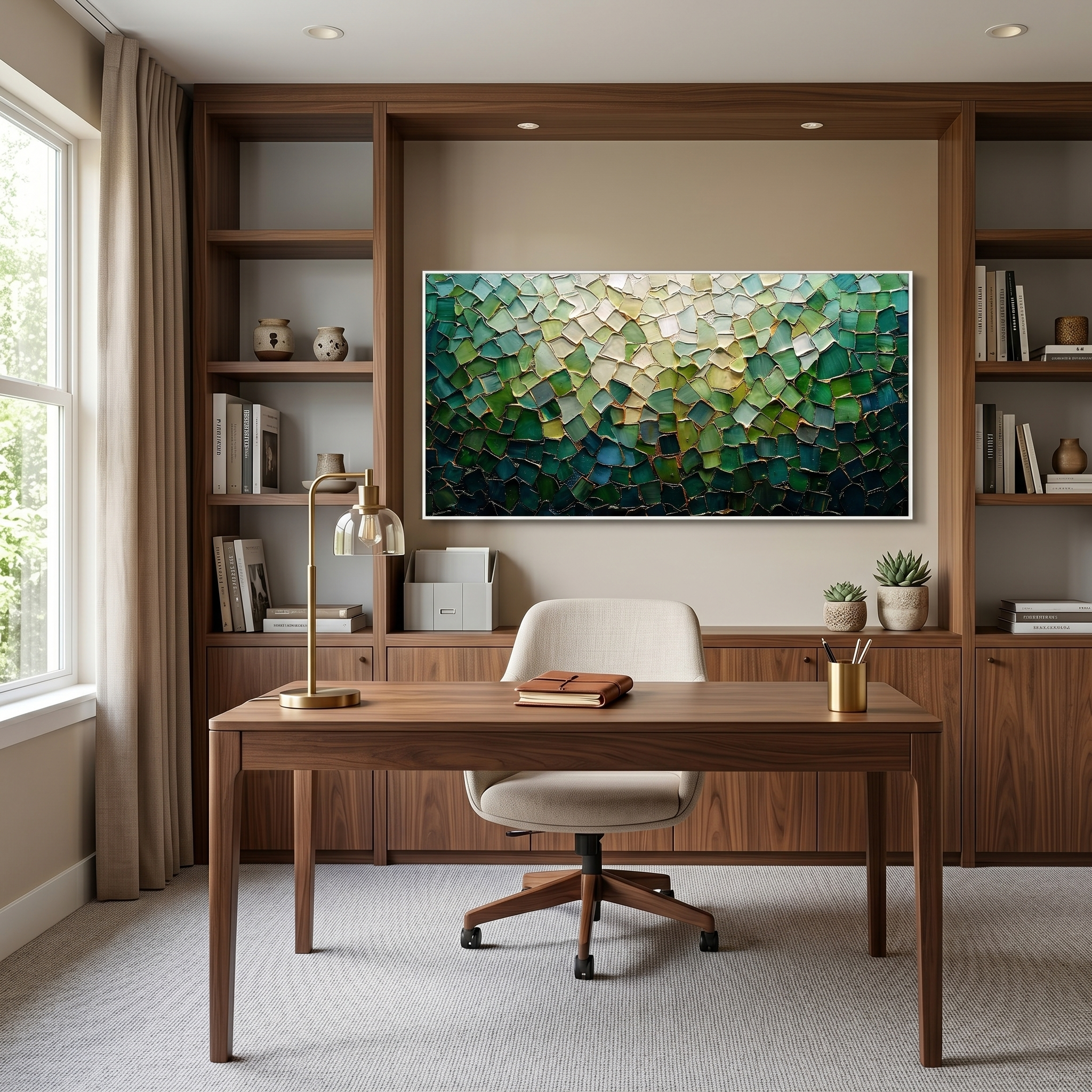 Emerald Mosaic – Modern Luxury Textured Art | Impasto Peacock Green Abstract Living Room Art