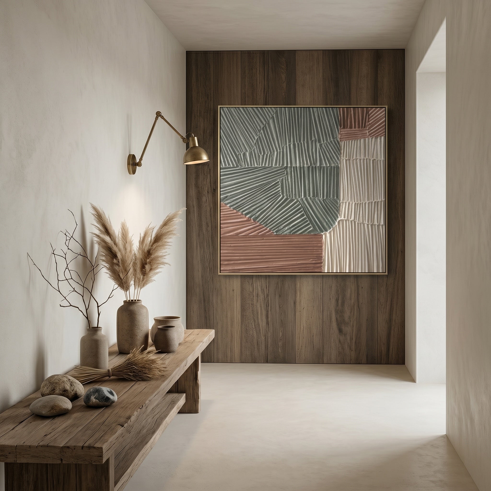 Zen Pathways – Wabi-Sabi Earth Tone Plaster Line Texture Canvas | Minimalist Living Room Art