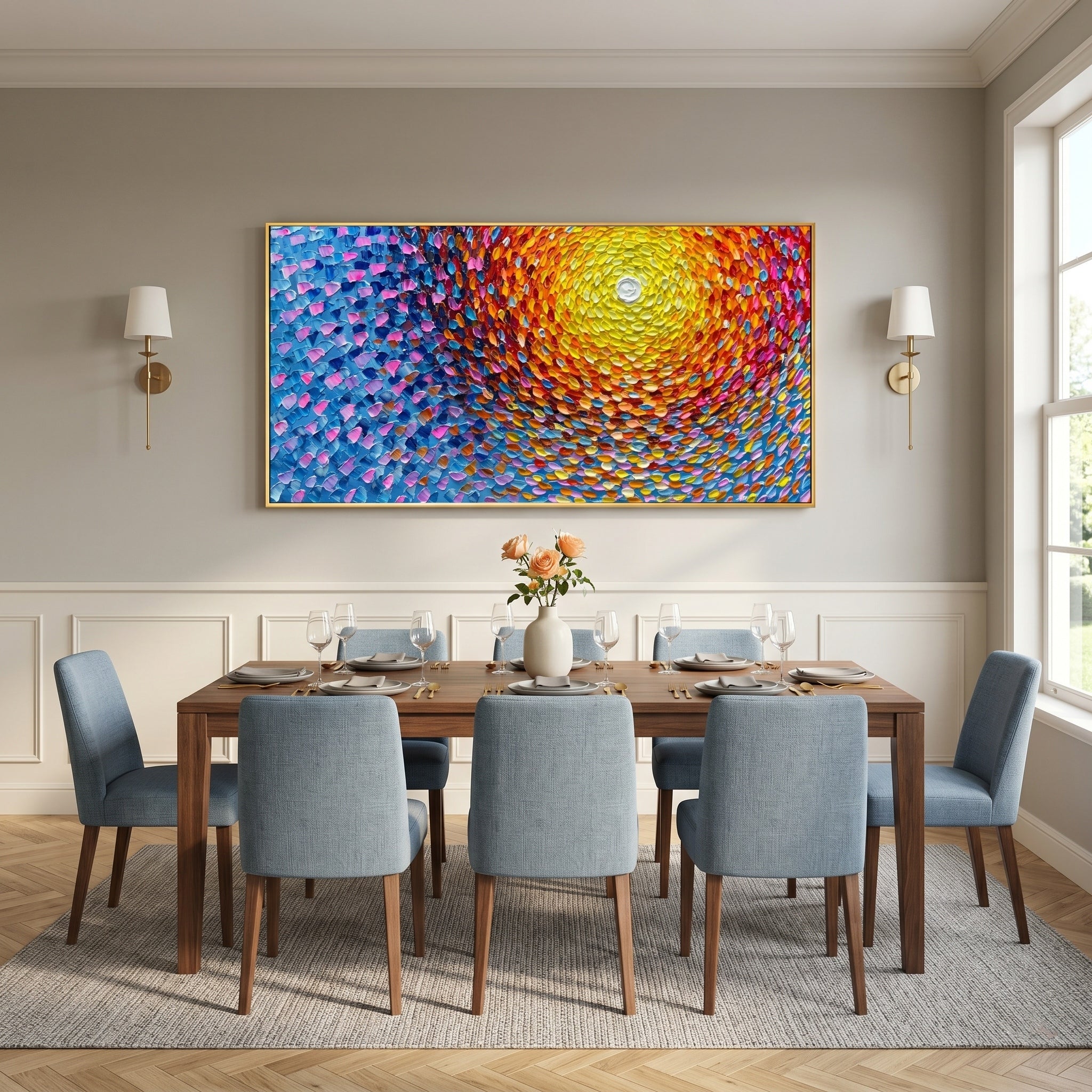 Light of Dawn – Abstract Pointillism Impasto Sunrise | Modern Warm-Cool Contrast Living Room Art