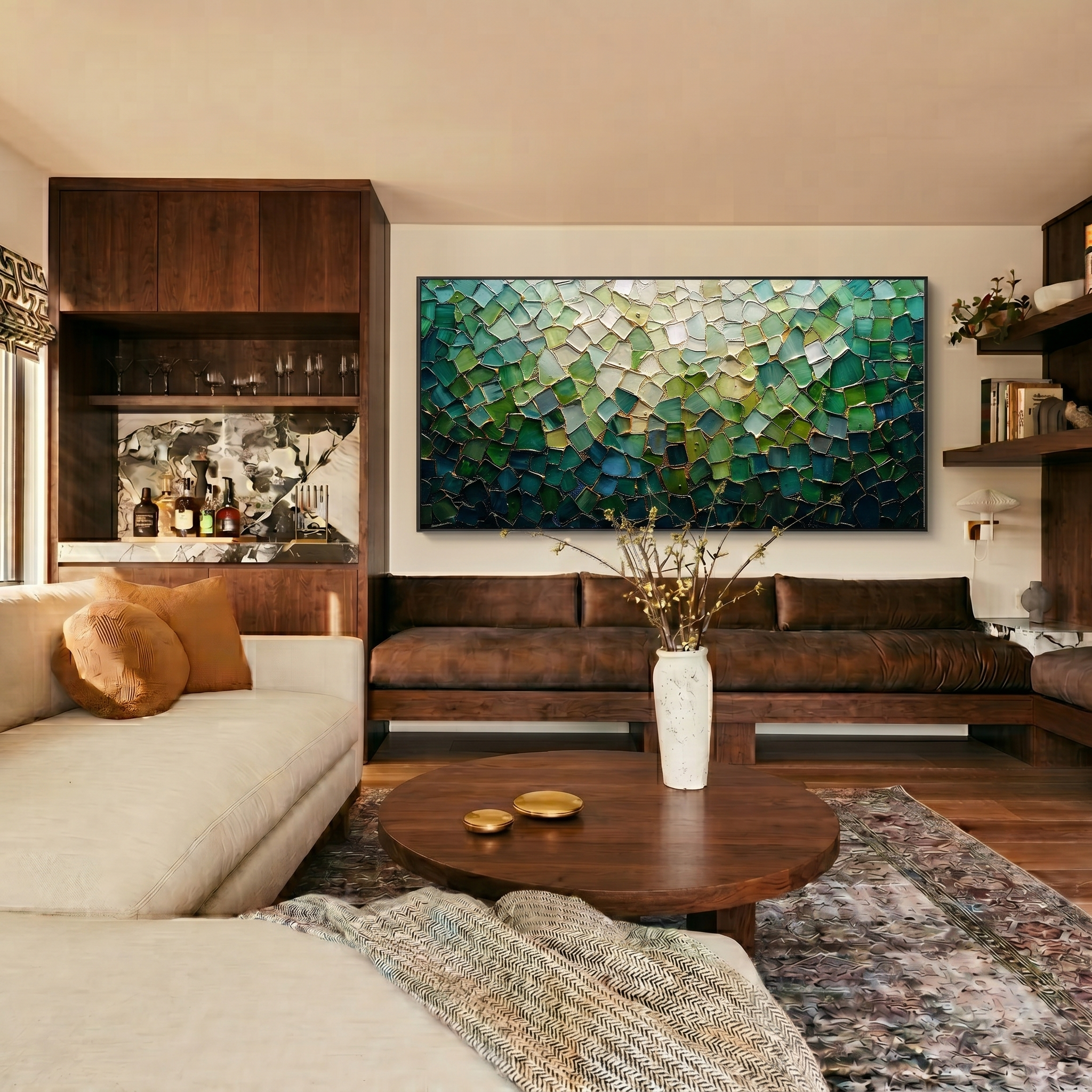 Emerald Mosaic – Modern Luxury Textured Art | Impasto Peacock Green Abstract Living Room Art