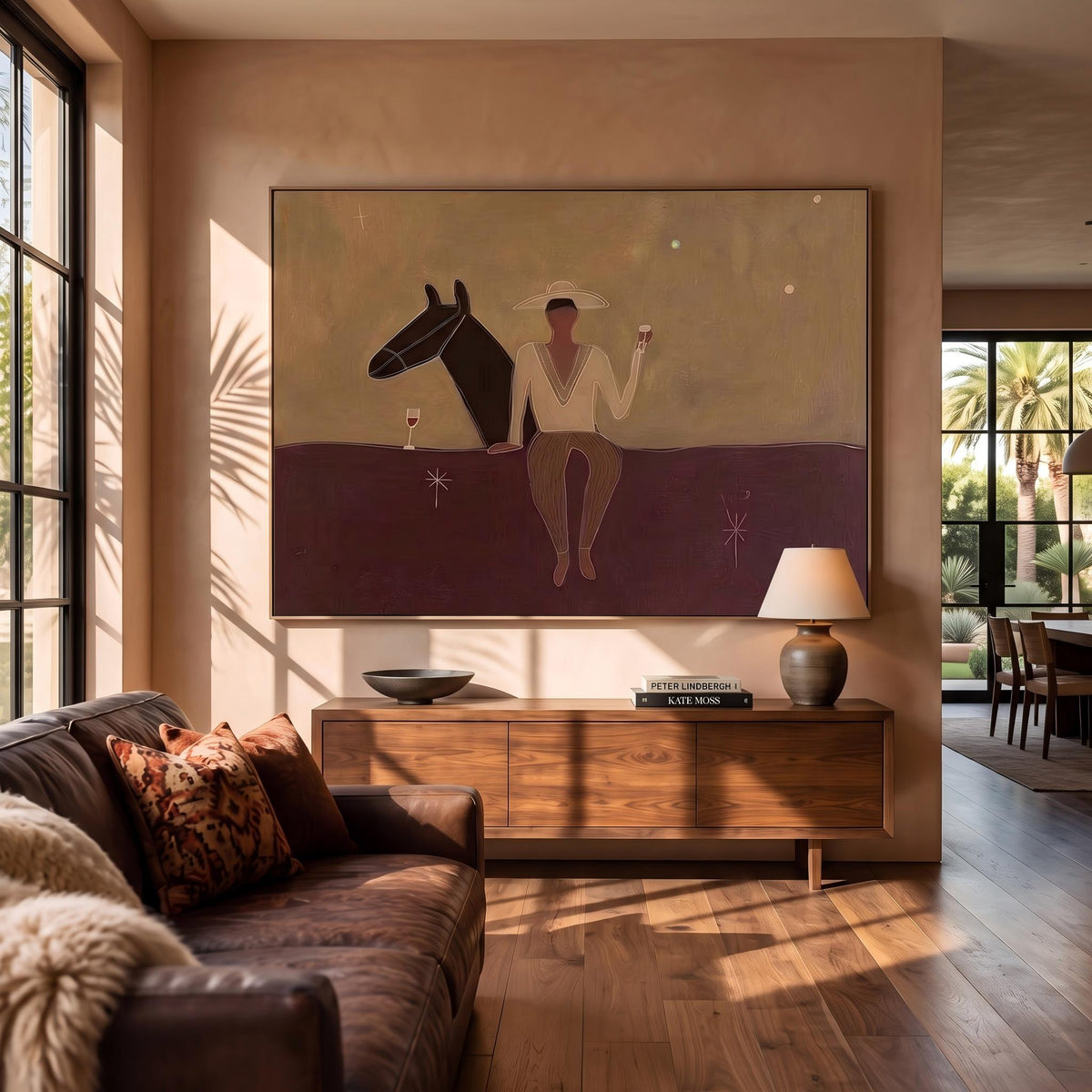 Rider Resting on Chestnut – Minimalist Cowboy Horse Painting | Warm Horizontal Western Wall Art