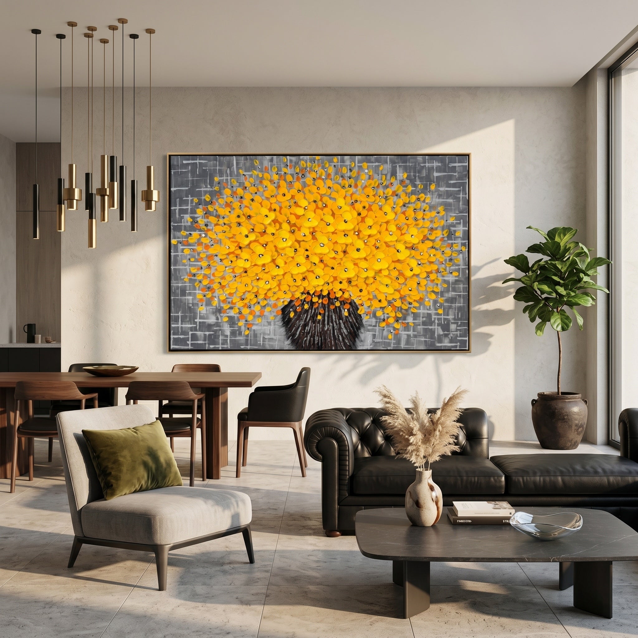 Golden Bloom – Grey & Yellow Impasto Abstract Floral Oil Painting | Modern Luxury Living Room Art