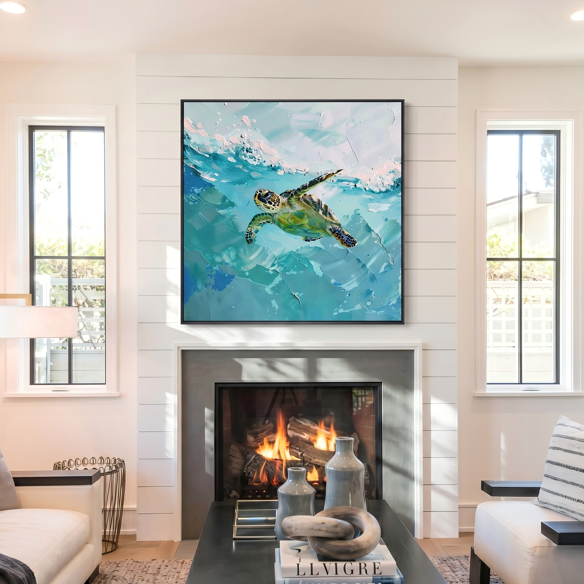 Azure Voyager – Modern 3D Heavy Impasto Sea Turtle Oil Painting | Ocean Themed Textured Hallway Decor