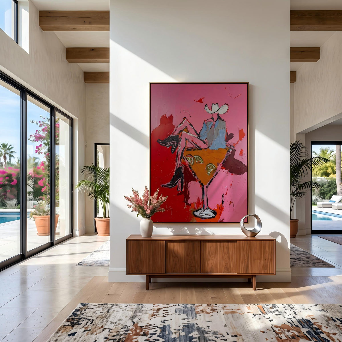 Two Cowgirls Leave Town – Pop Art Cowgirl Road Trip Painting | Pink Vertical Wall Art