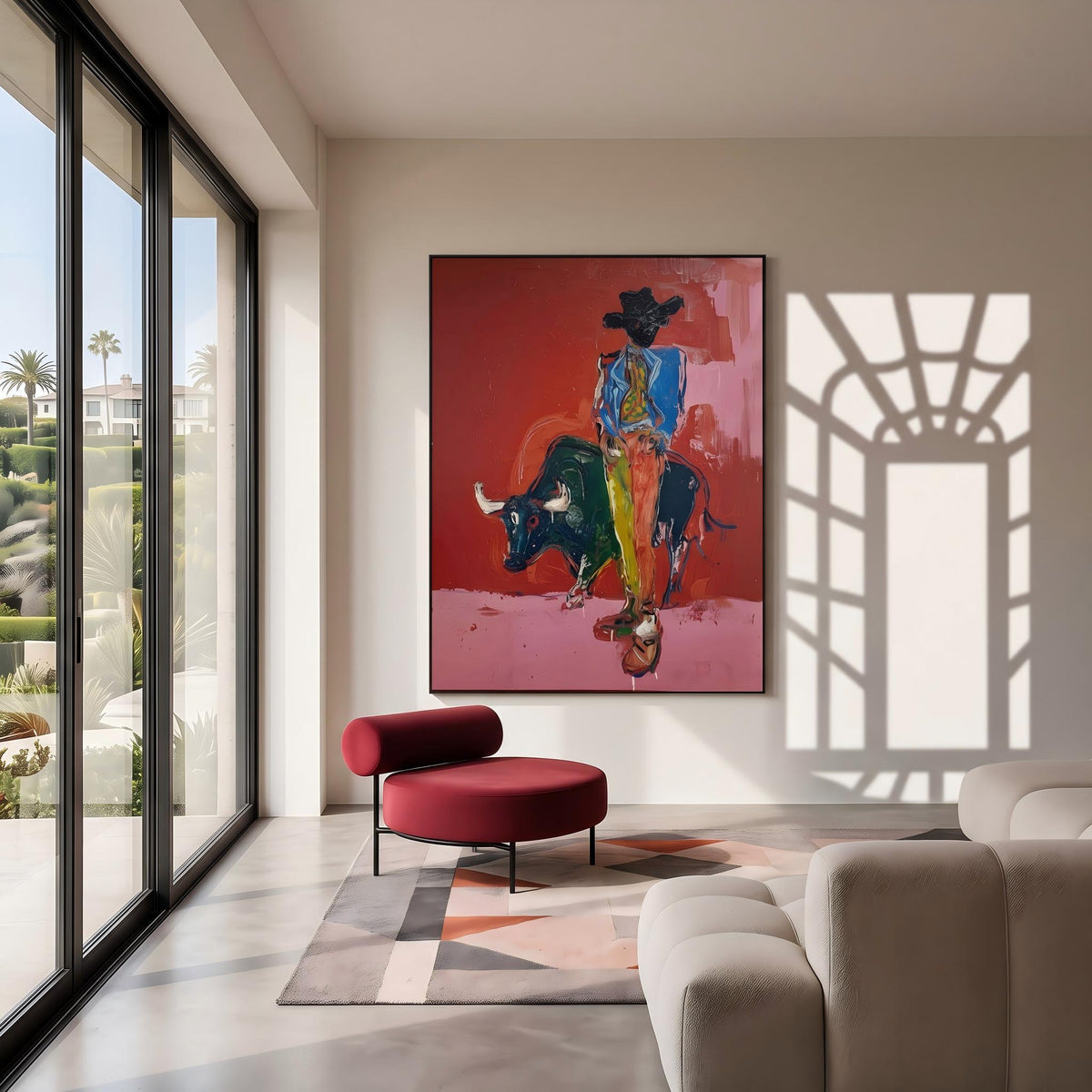 Blue Rider Meets Bull – Pop Art Bull Rider Painting | Bold Pink Vertical Wall Art