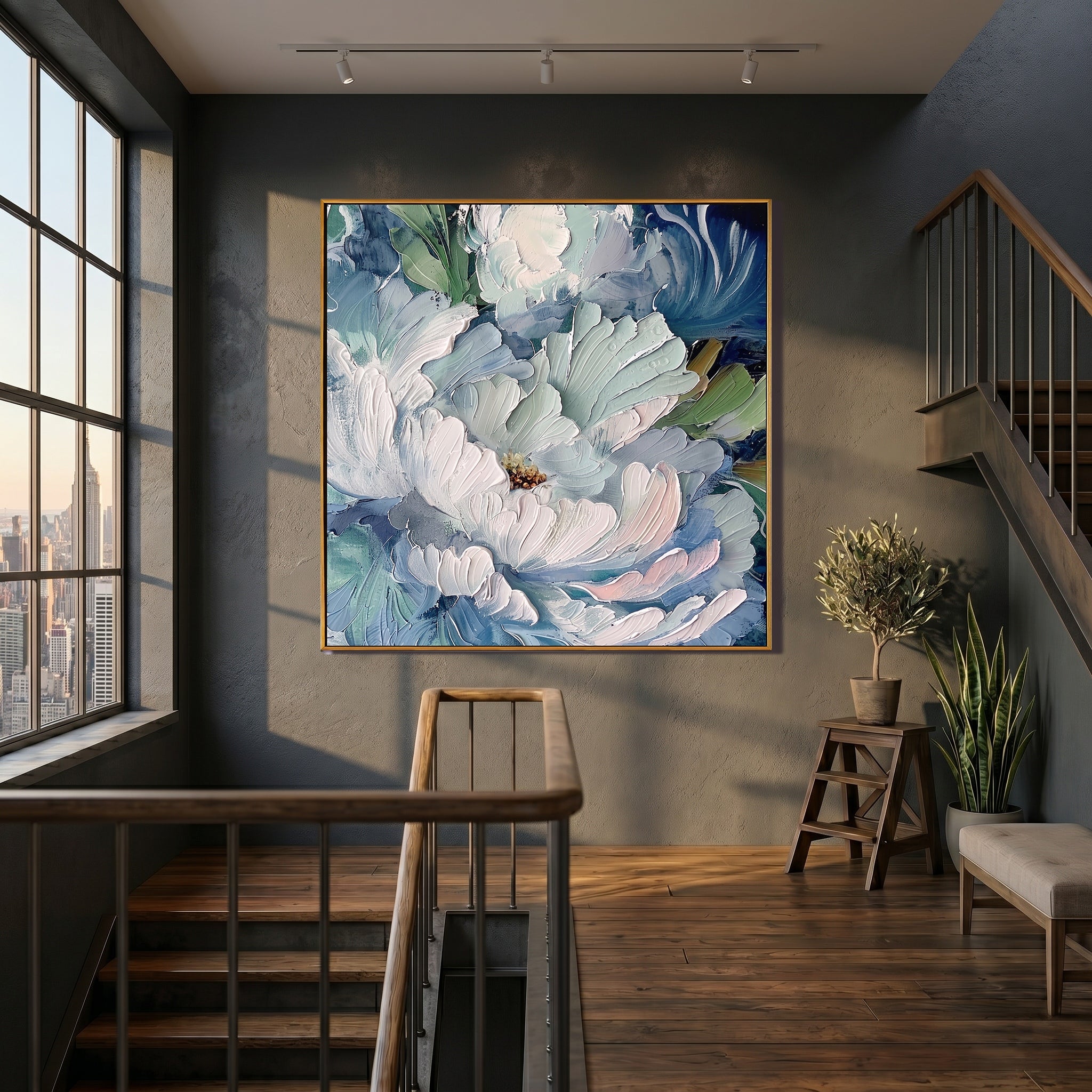 Glacial Bloom – Modern Impasto Floral Oil Painting | Creative Muted Blue & Teal Textured Hallway Art