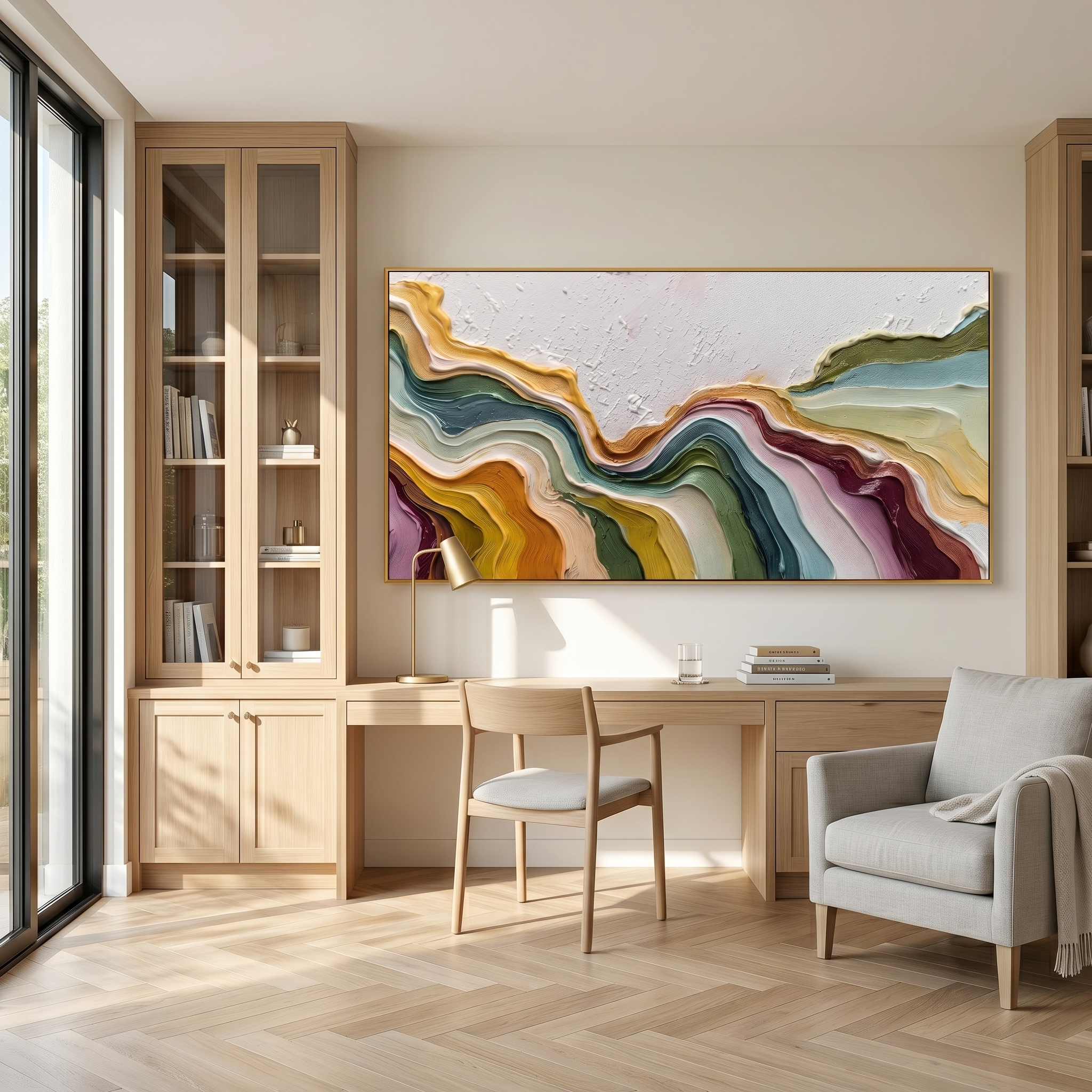 Flowing Rhythms – Heavy Texture Colorful Fluid Abstract Painting | Minimalist Horizontal Entryway Art