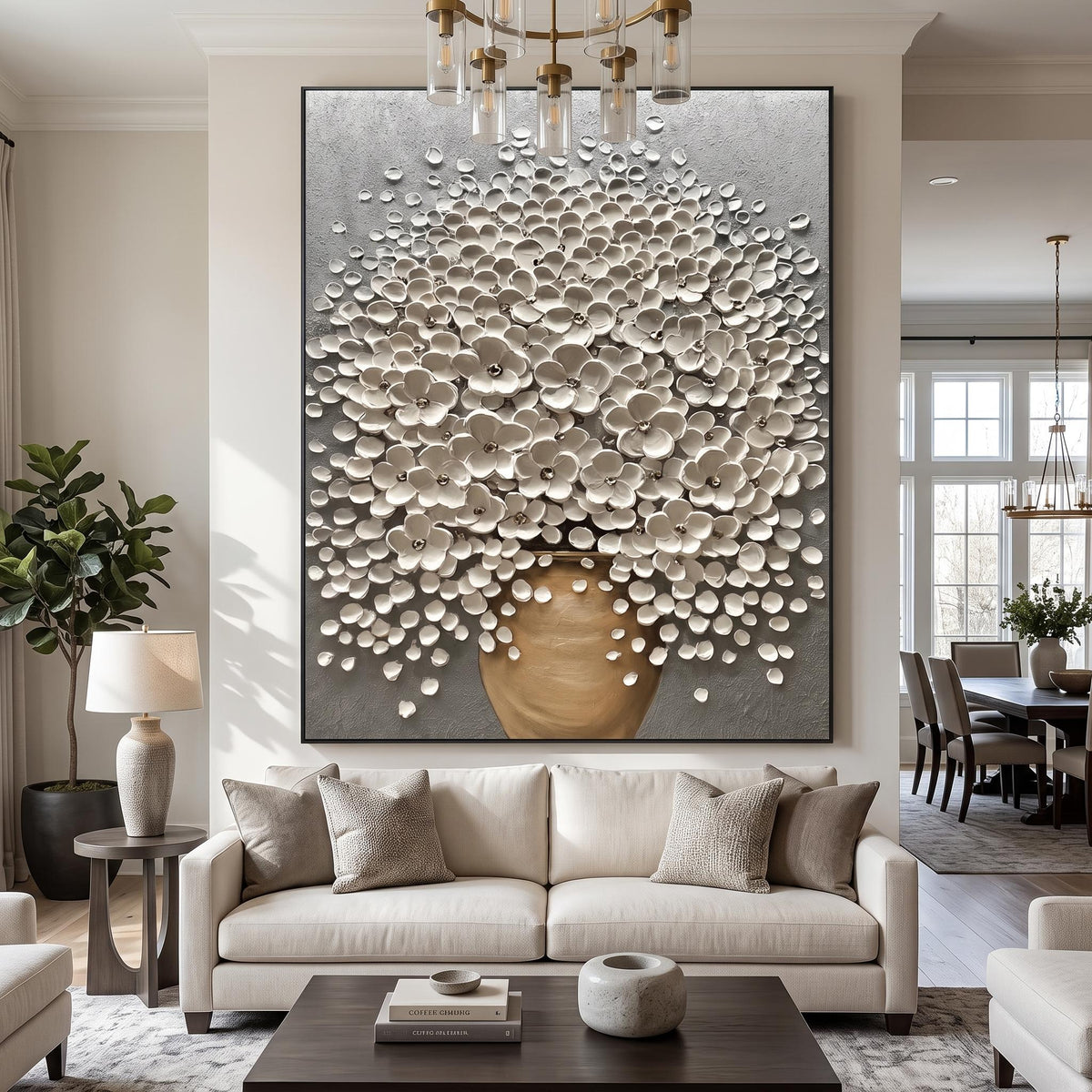 Pearl Canopy Rising – White Blossom Tree Painting | Textured Vertical Wall Art