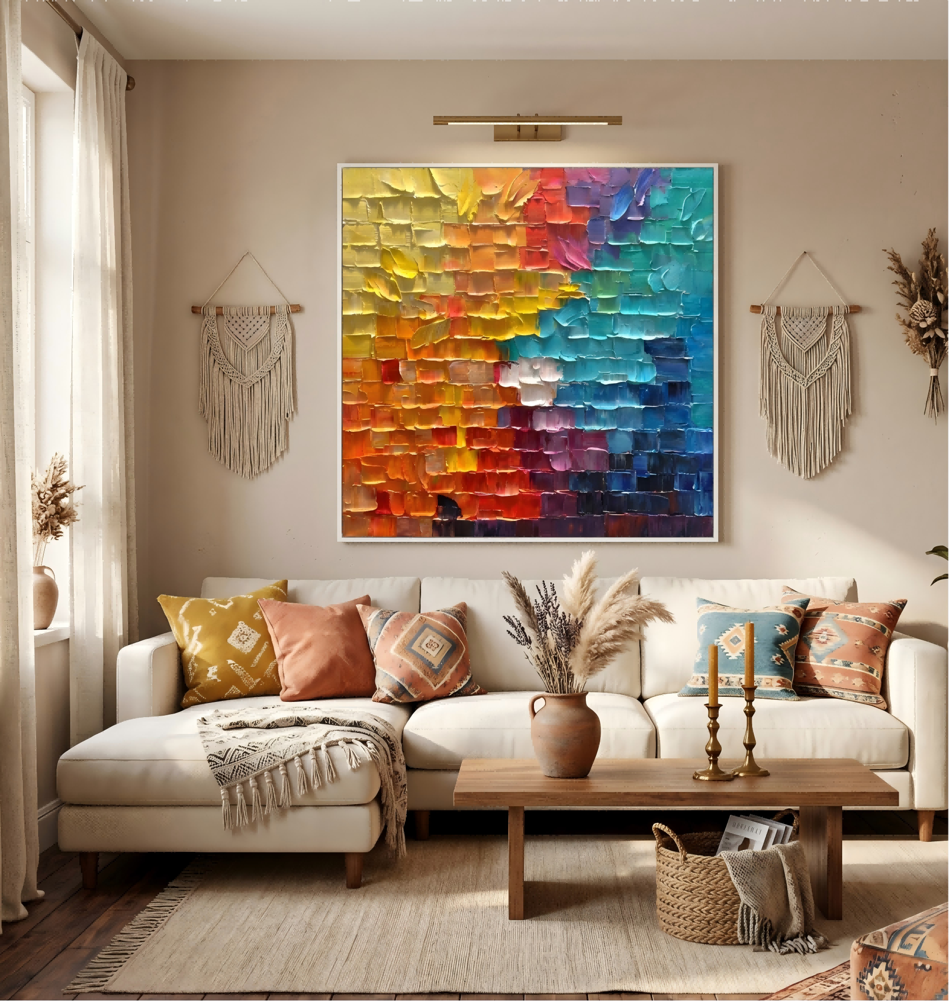 Chroma Grid – Modern Impasto Pixelated Abstract Oil Painting | Creative 3D Textured Mosaic Hallway Art