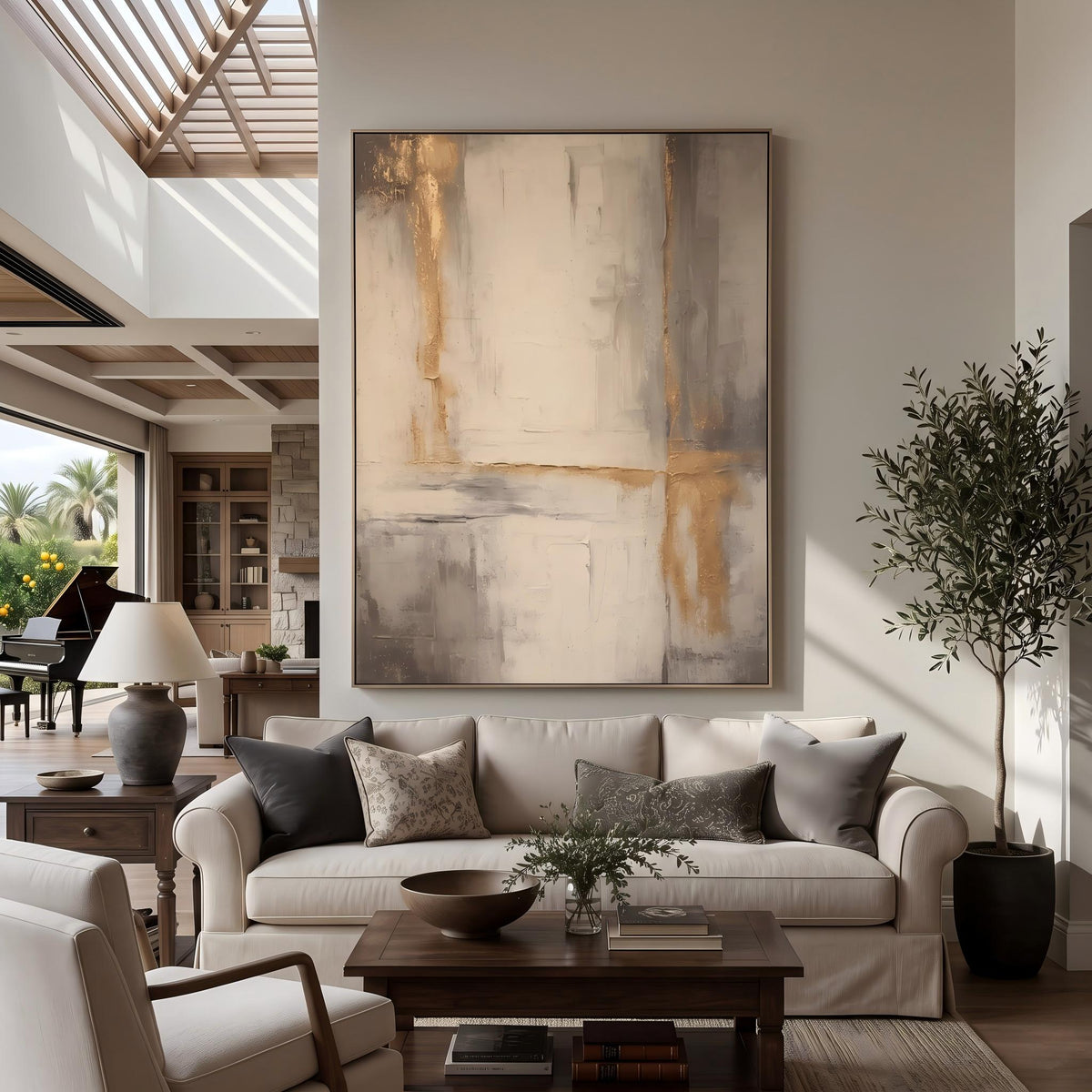 Gilded Lines Through Stone – Neutral Gold Abstract Painting | Contemporary Vertical Wall Art