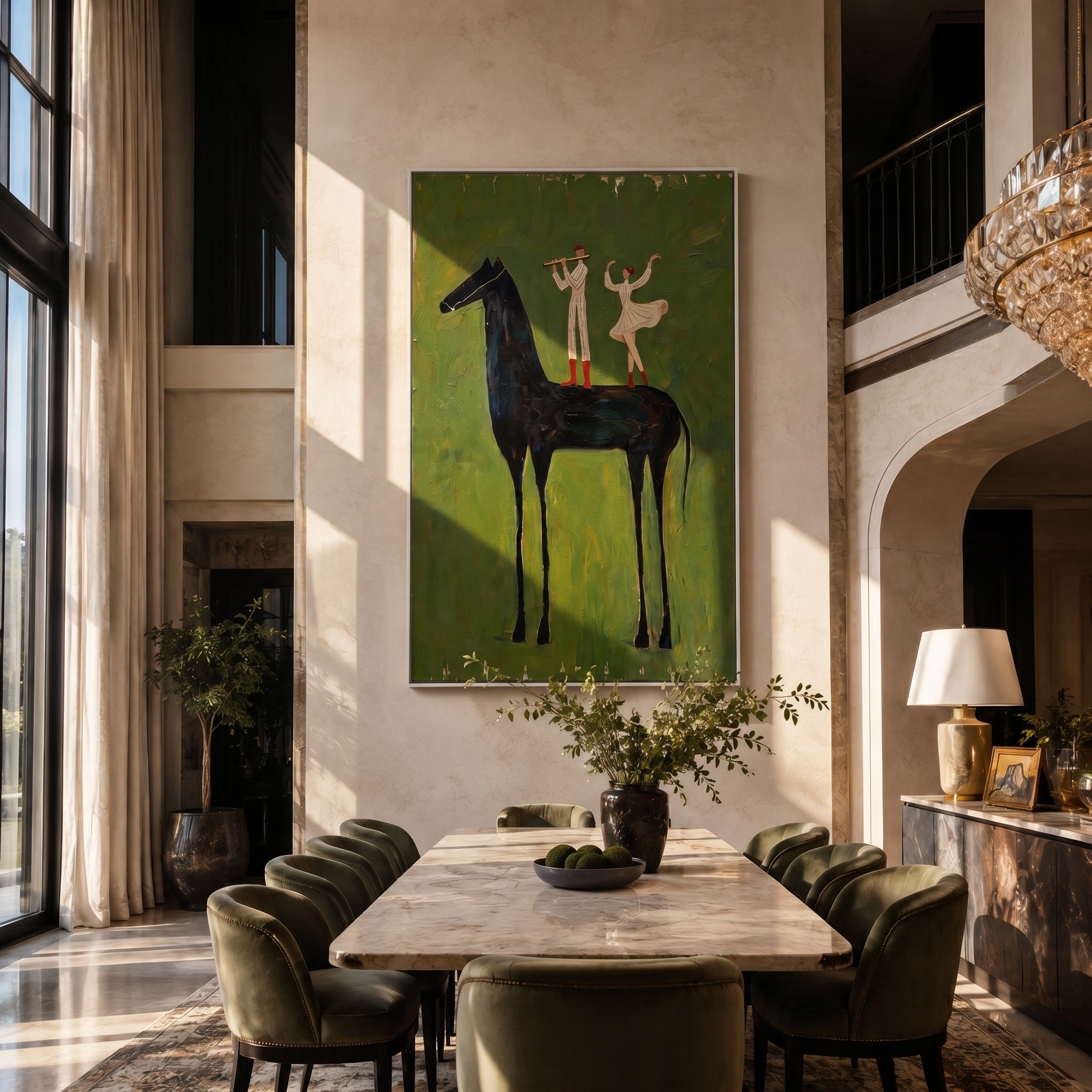 The Forest Serenade – Magical Realism Olive Green Painting | Whimsical Vertical Dining Room Art