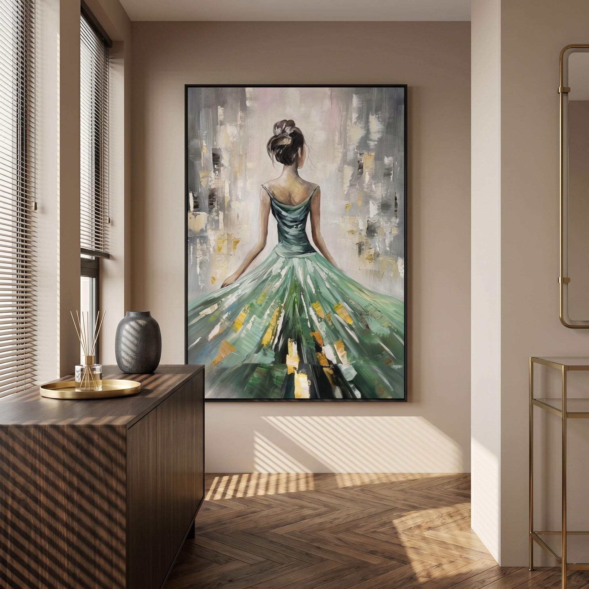 Emerald Radiance – Modern Impressionist Figure Painting | Elegant Woman in Sage Green Gown Bedroom Art